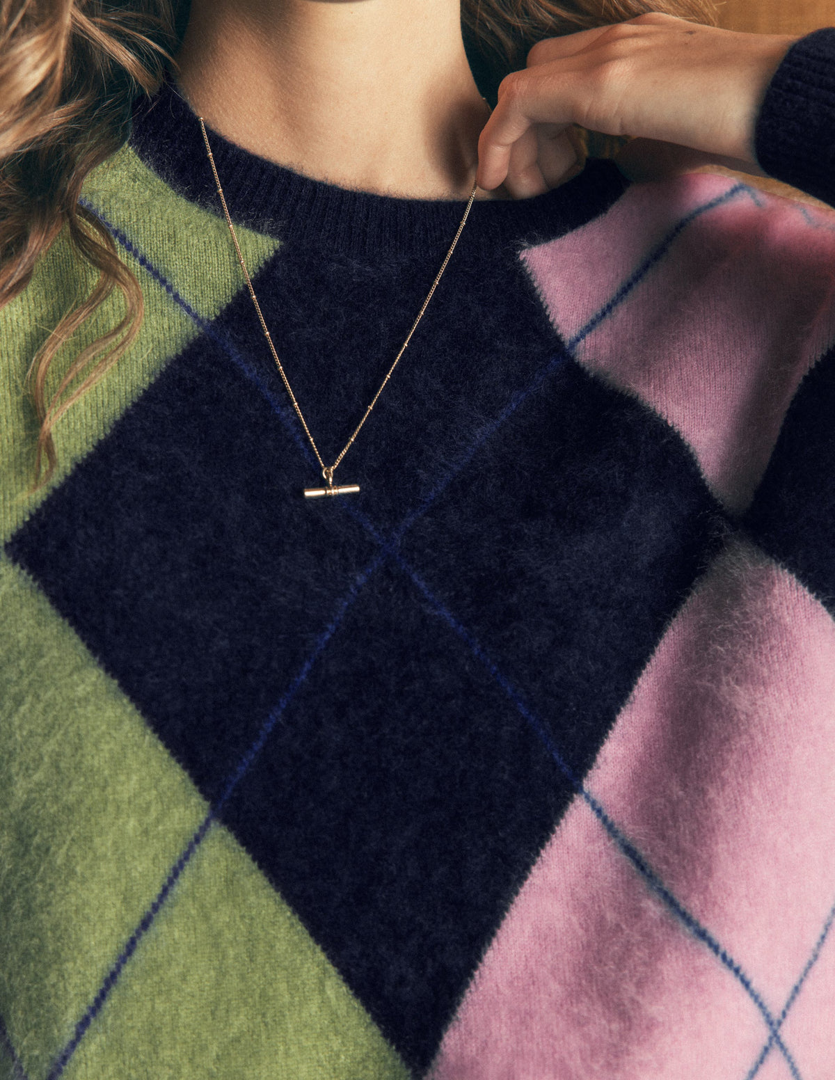 Kat Brushed Cashmere Jumper-Navy, Pink, Green Argyle - Image 3