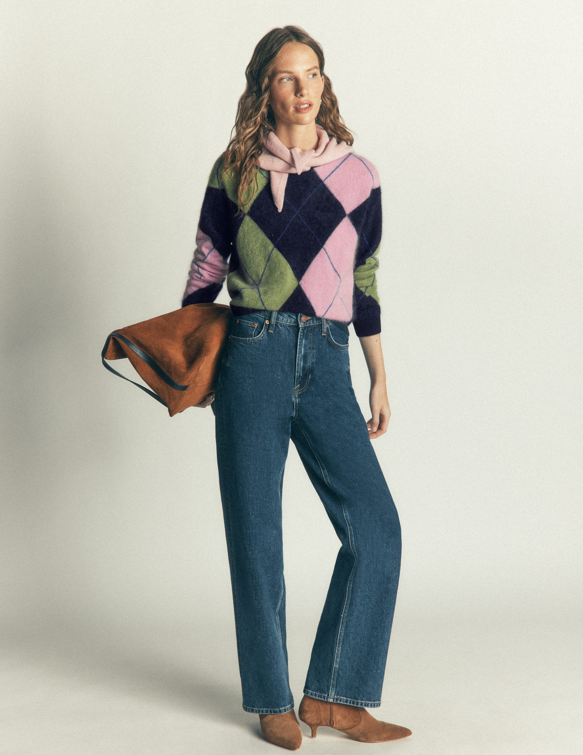 Kat Brushed Cashmere Jumper-Navy, Pink, Green Argyle - Image 5