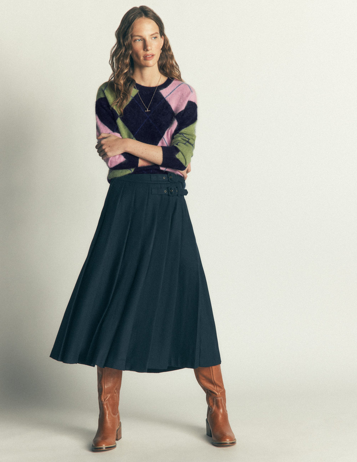 Kat Brushed Cashmere Jumper-Navy, Pink, Green Argyle - Image 6