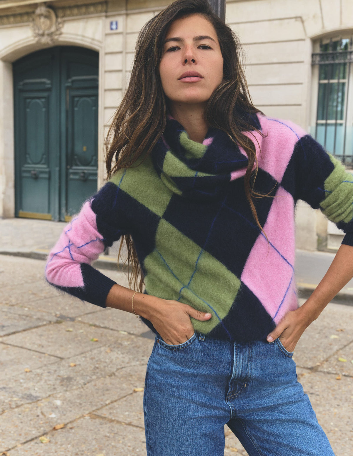 Kat Brushed Cashmere Jumper-Navy, Pink, Green Argyle-1