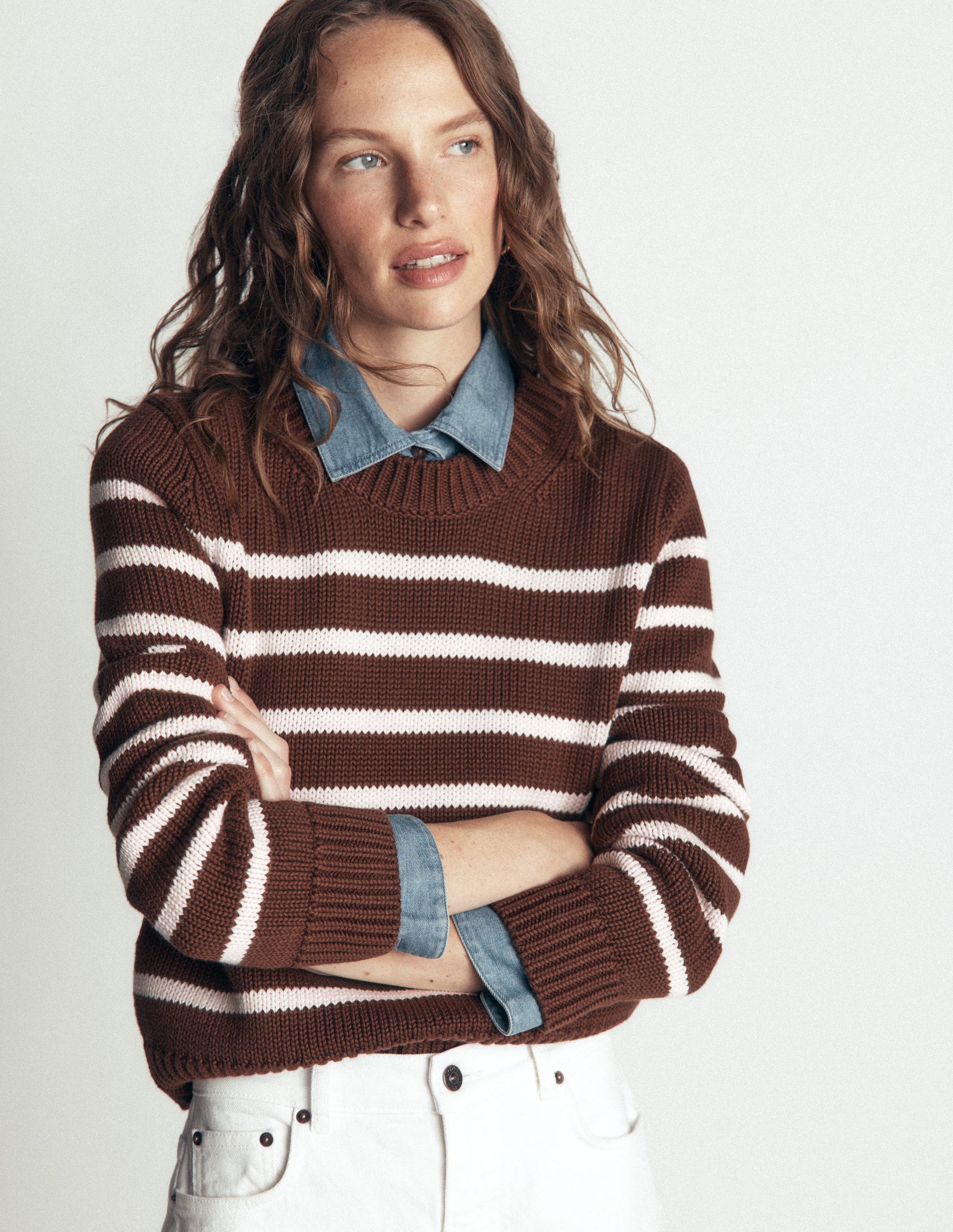 Lucy Grob gestrickter Baumwollpullover-Braun, Naturweiß Streifen-5