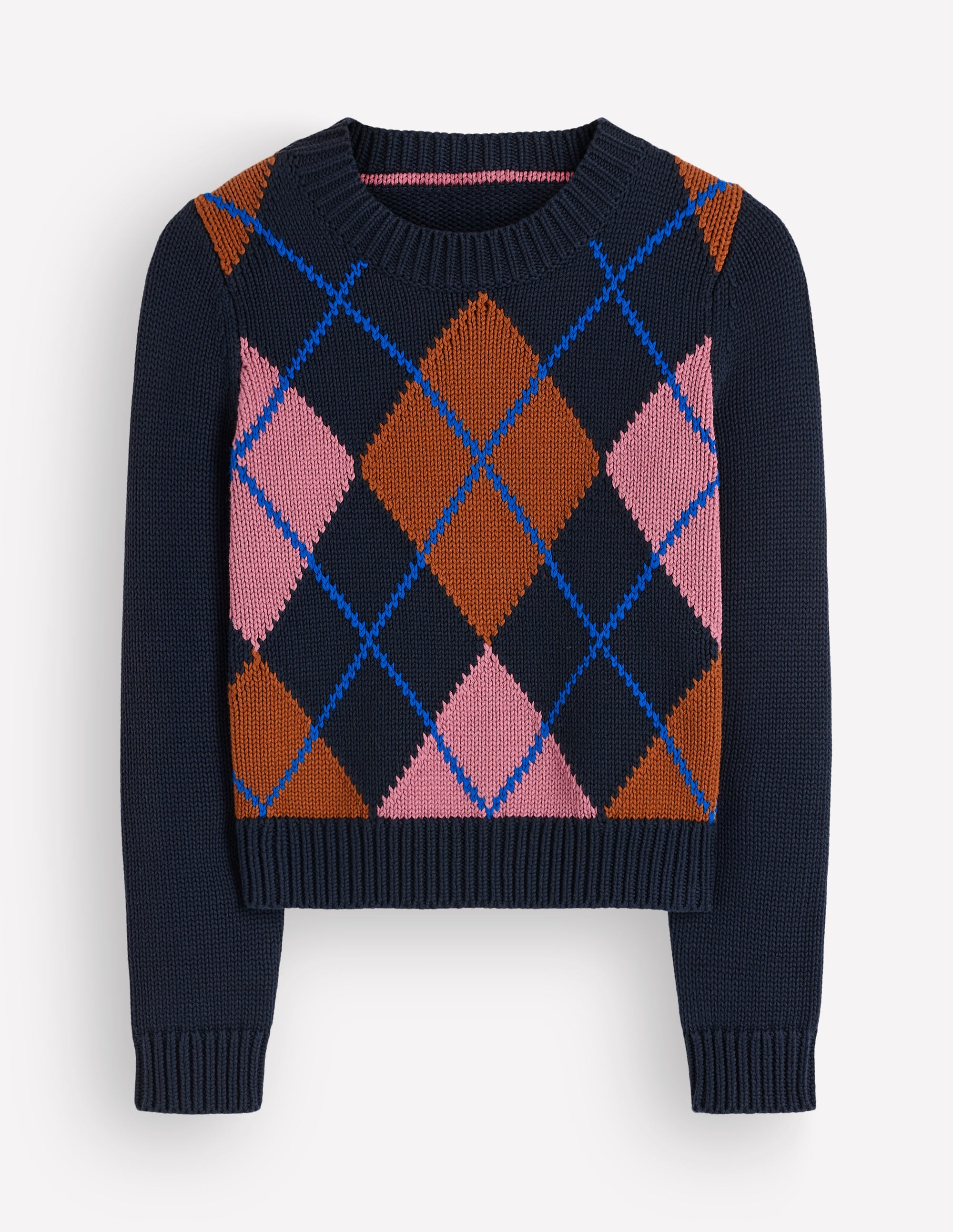 Lucy Grob gestrickter Baumwollpullover-Marineblau, Rosa und Braun Argyle - Image 6