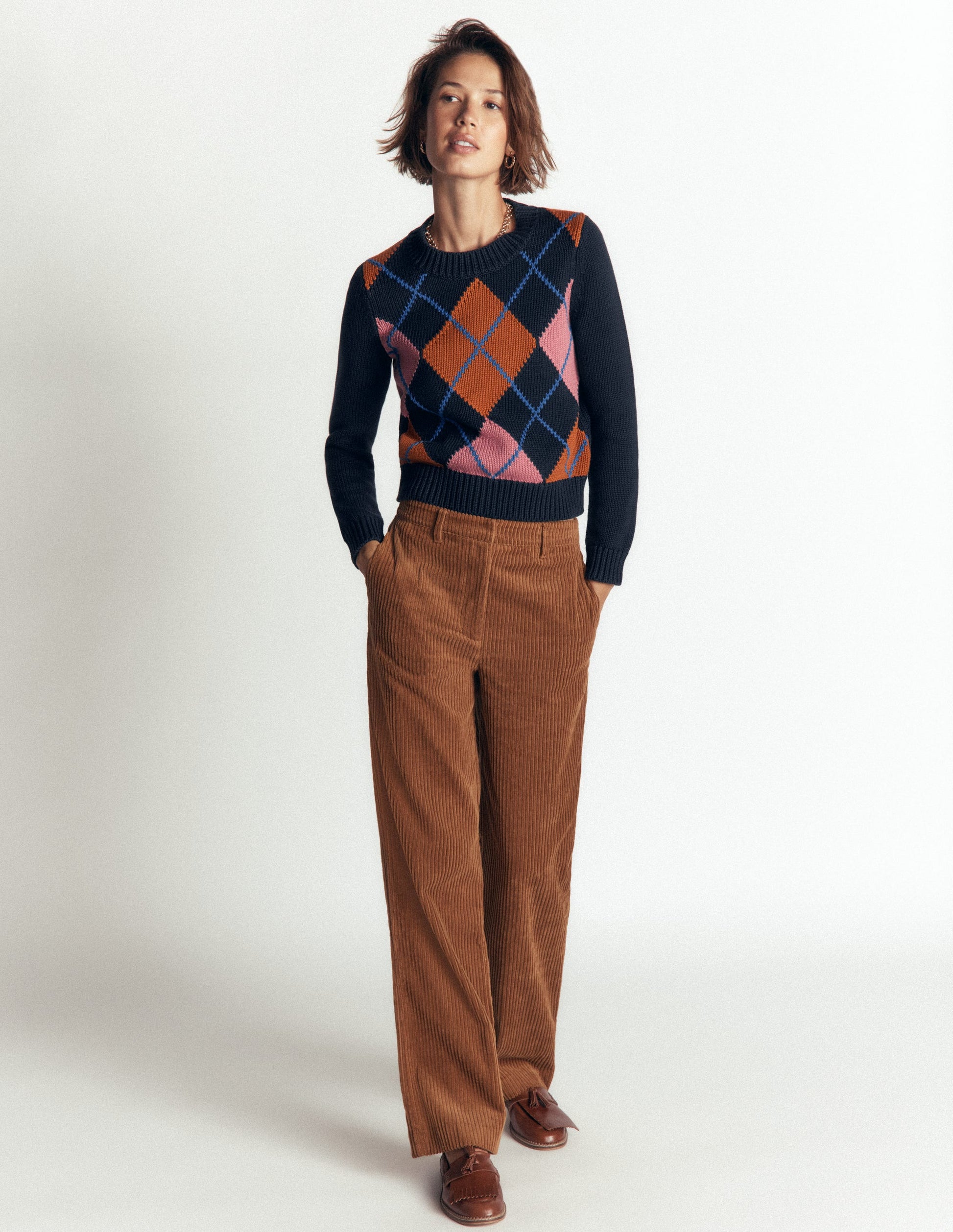 Lucy Grob gestrickter Baumwollpullover-Marineblau, Rosa und Braun Argyle-6