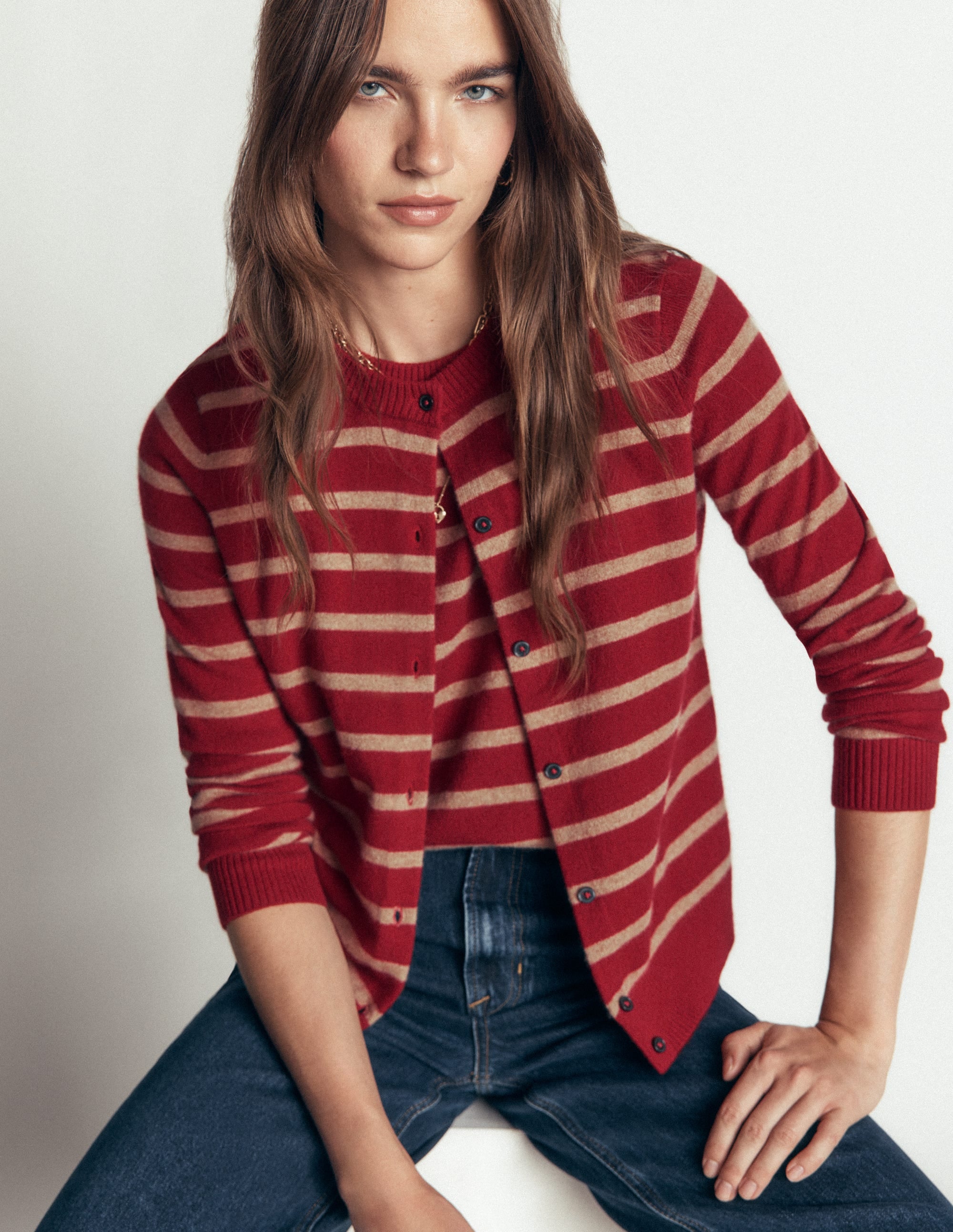 Elsie Kaschmir-Strickjacke mit Rundhalsausschnitt-Mohnrot, Camel Streifen - Image 2