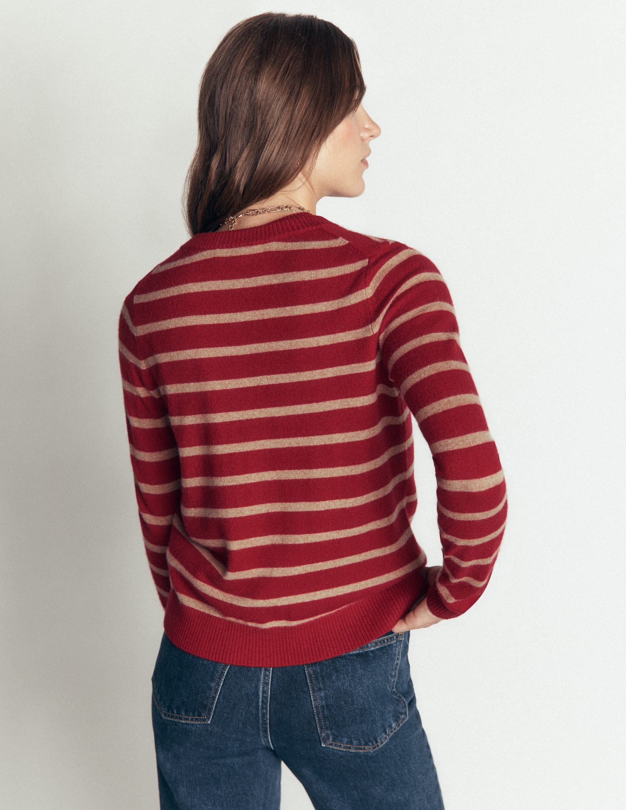 Elsie Kaschmir-Strickjacke mit Rundhalsausschnitt-Mohnrot, Camel Streifen - Image 4