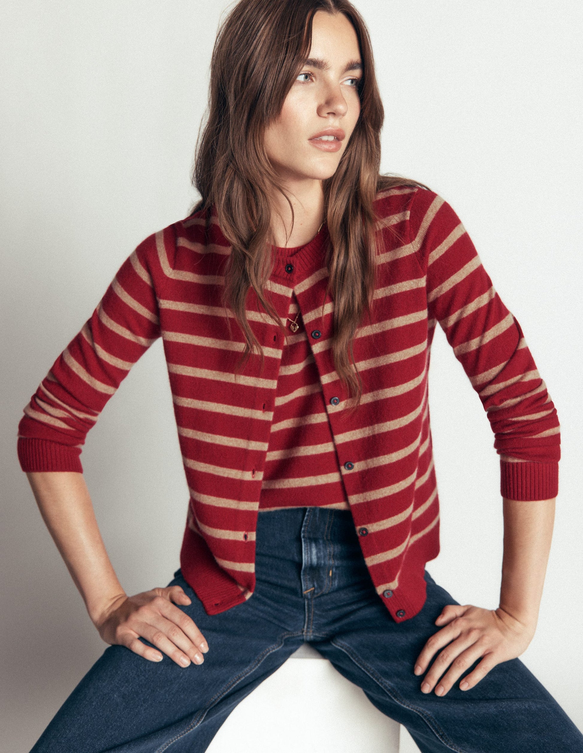 Elsie Kaschmir-Strickjacke mit Rundhalsausschnitt-Mohnrot, Camel Streifen-7