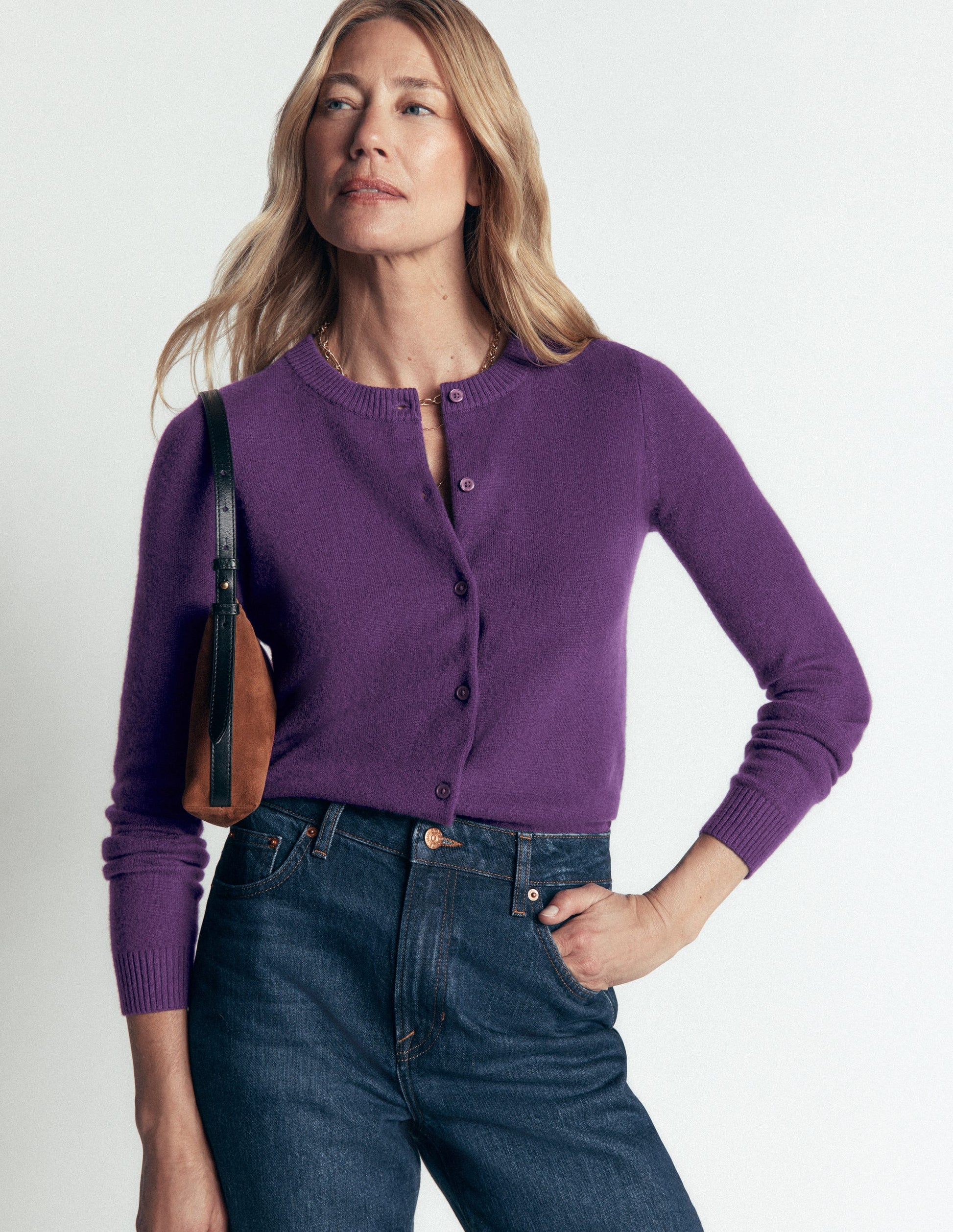 Elsie Kaschmir-Strickjacke mit Rundhalsausschnitt-Dunkle Traube-4