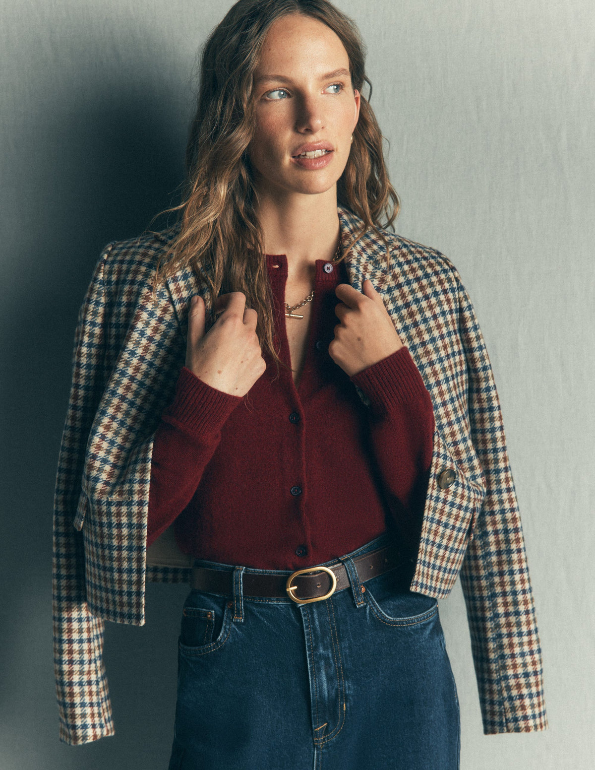 Elsie Kaschmir-Strickjacke mit Rundhalsausschnitt-Dunkles Burgunderrot-1
