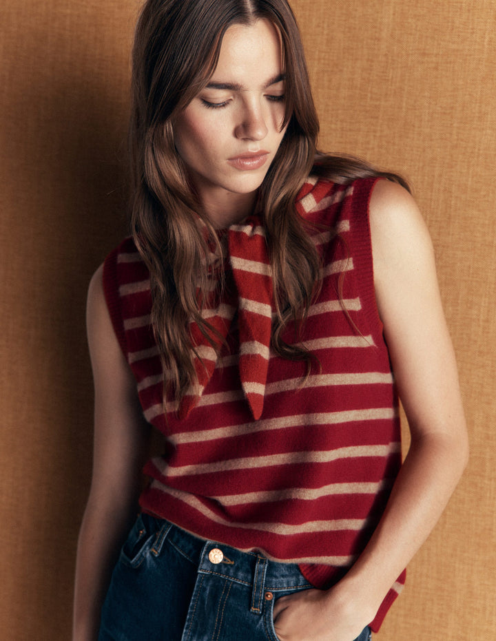Elsie Cashmere Tank-Poppy Red, Camel Stripe