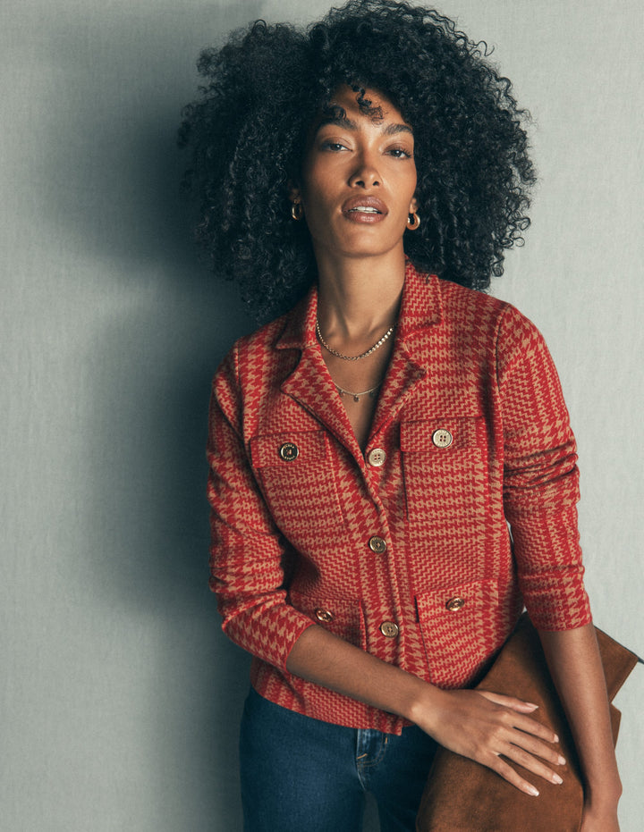 Phoebe Strickjacke mit Kragen-Rot, Camel Kariert