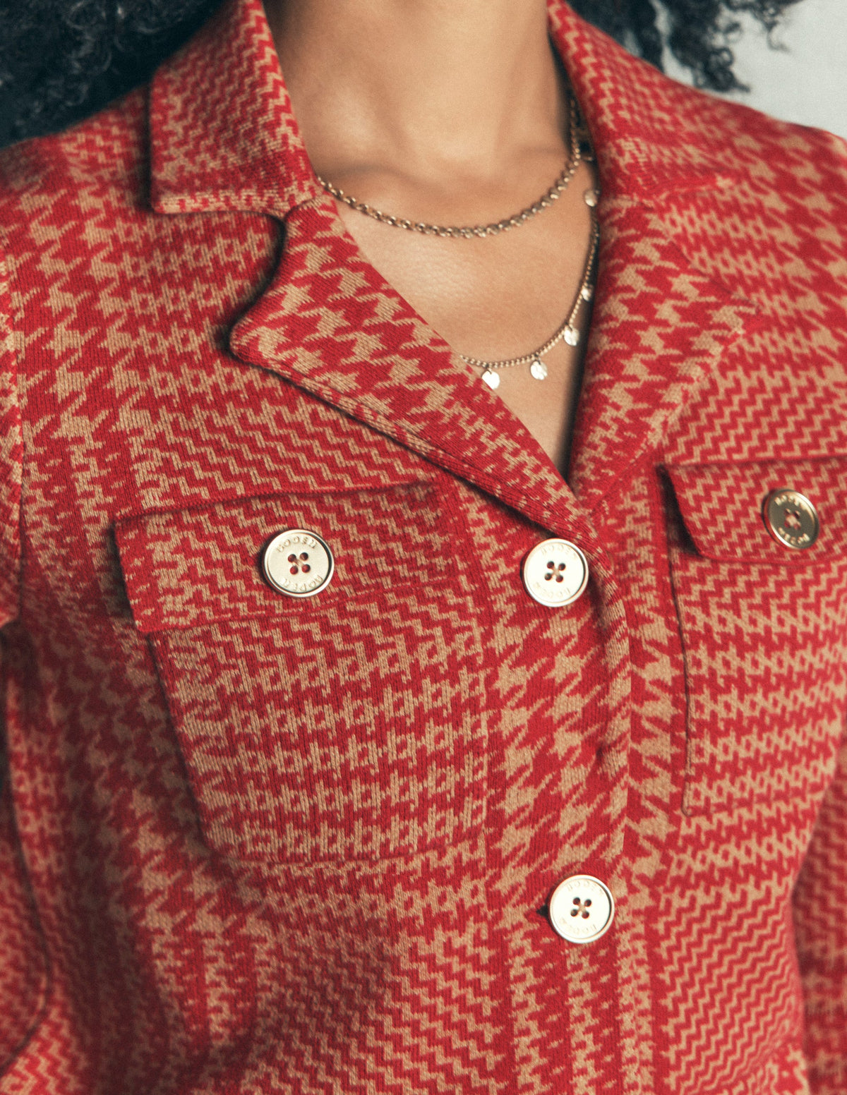 Phoebe Collared Knitted Jacket-Red, Camel check - Image 2