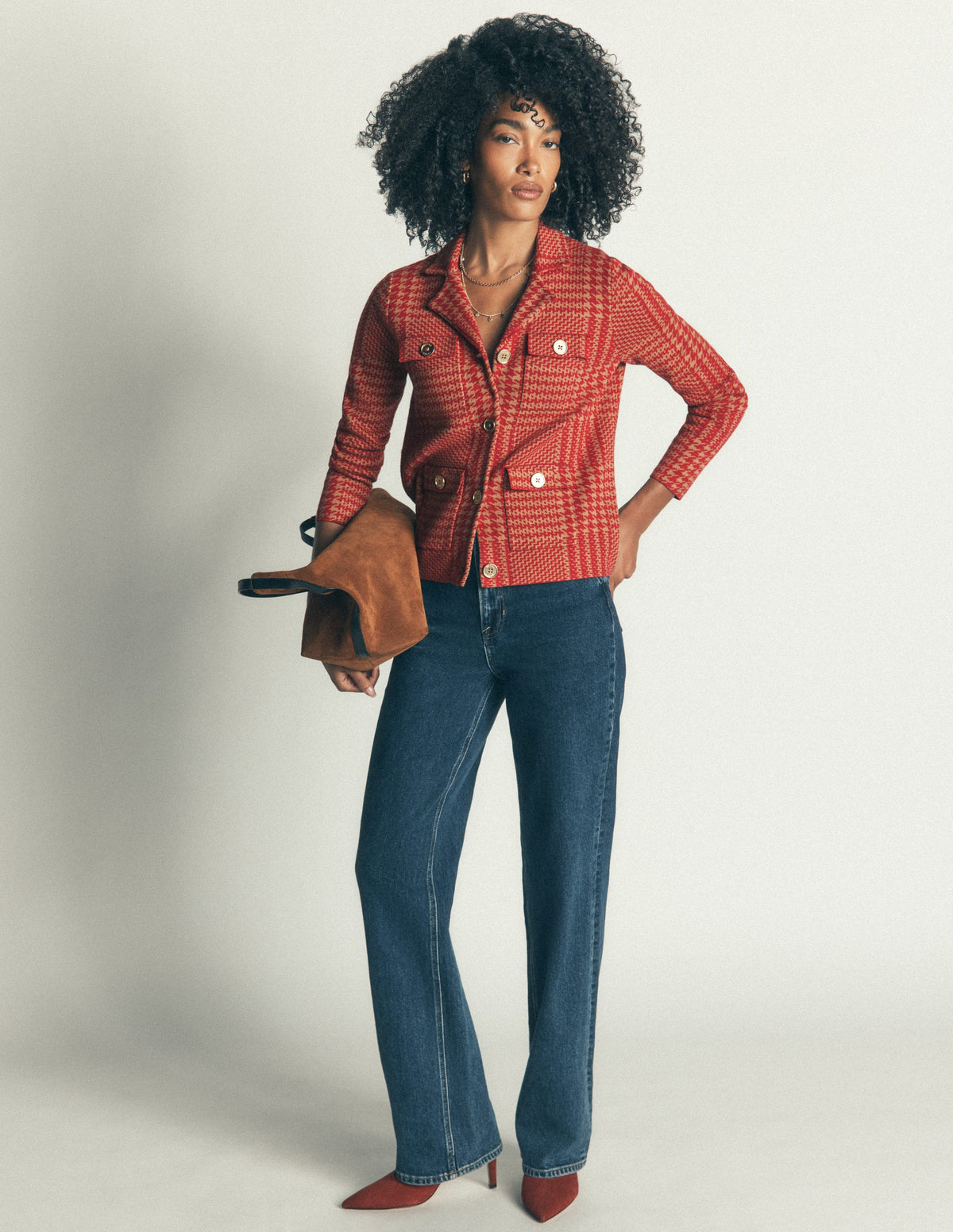 Phoebe Collared Knitted Jacket-Red, Camel check-4