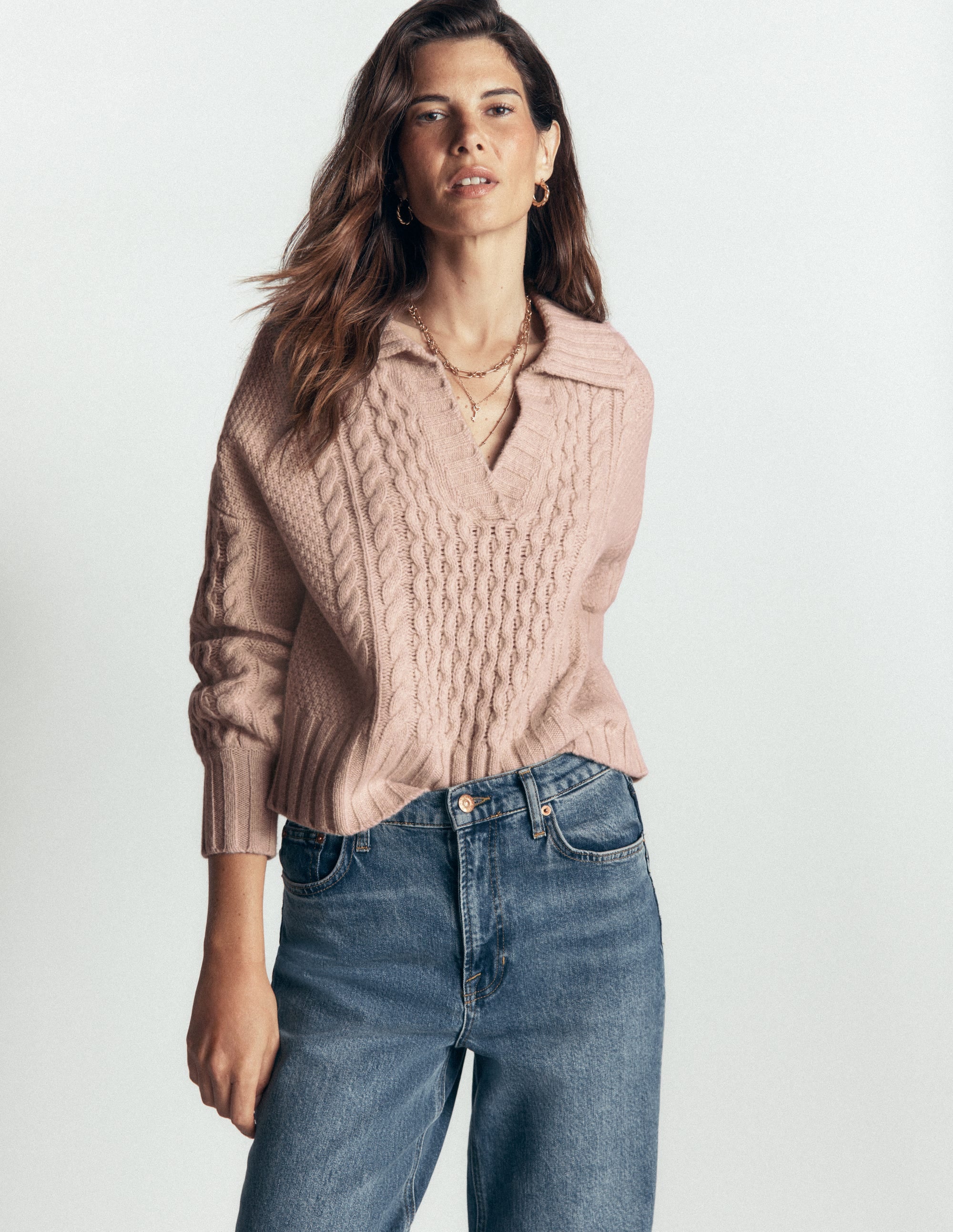 Pullover mit Zopfmuster und Kragen-Beige - Image 5