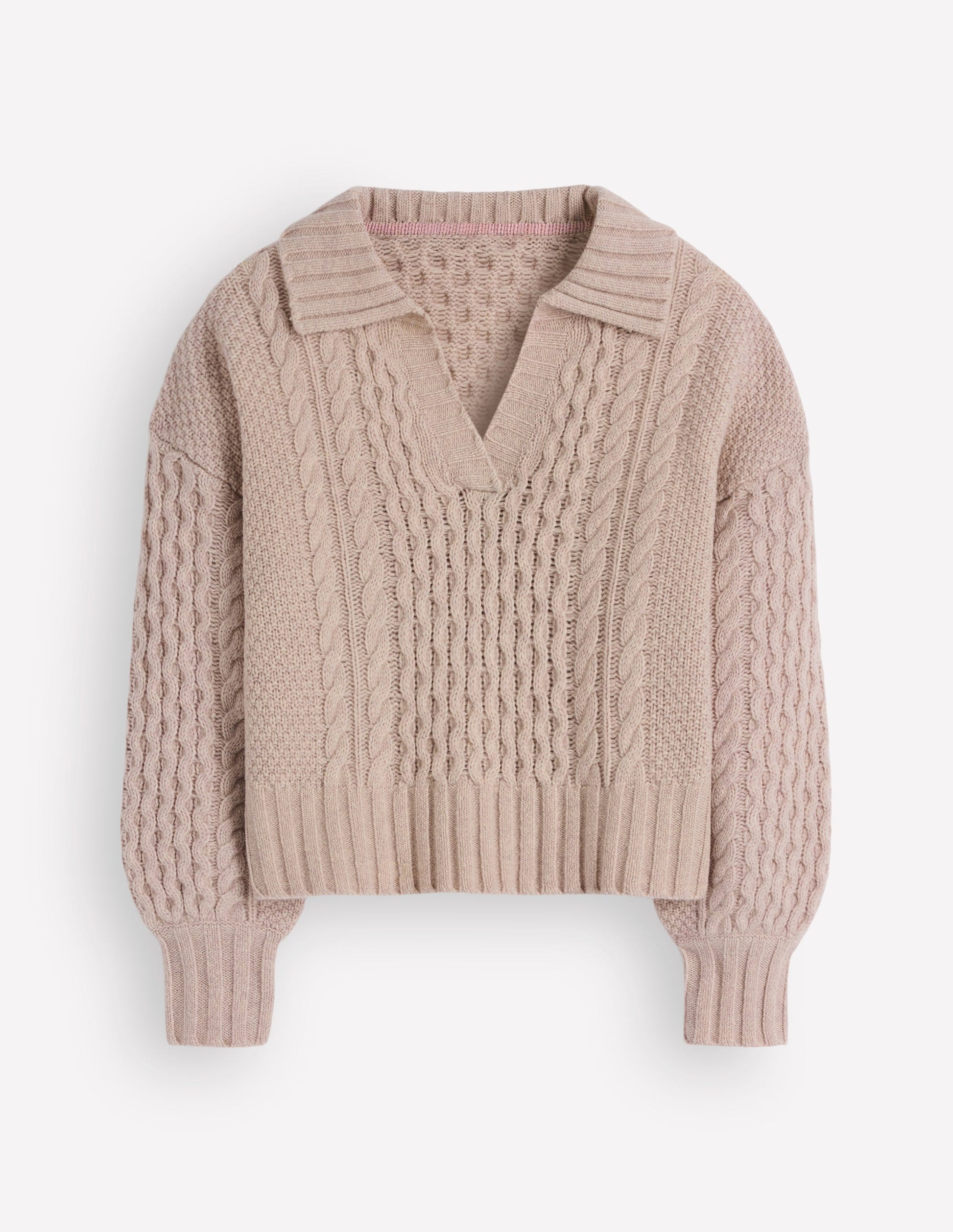 Pullover mit Zopfmuster und Kragen-Beige-7