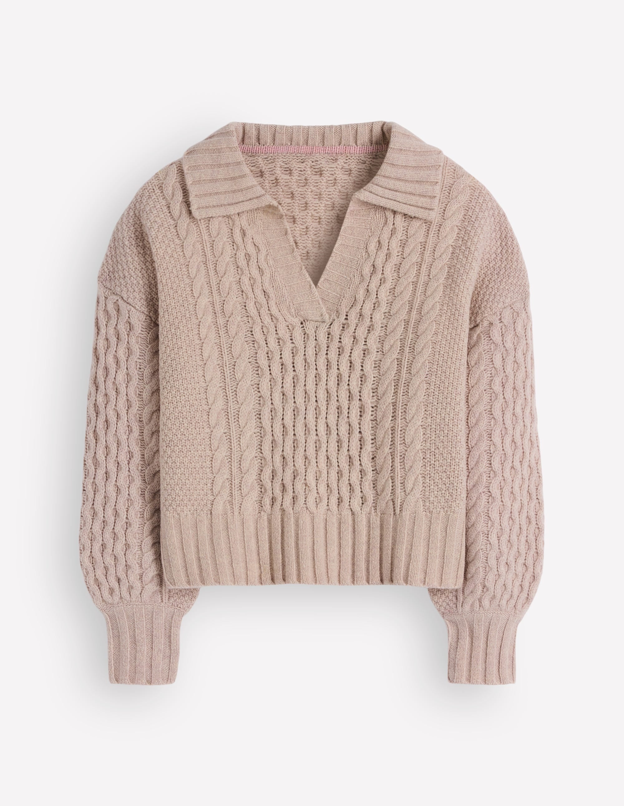 Pullover mit Zopfmuster und Kragen-Beige - Image 7