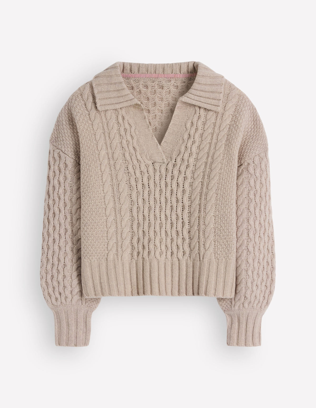 Pullover mit Zopfmuster und Kragen-Beige - Image 7