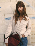 Pullover mit Zopfmuster und Kragen-Beige
