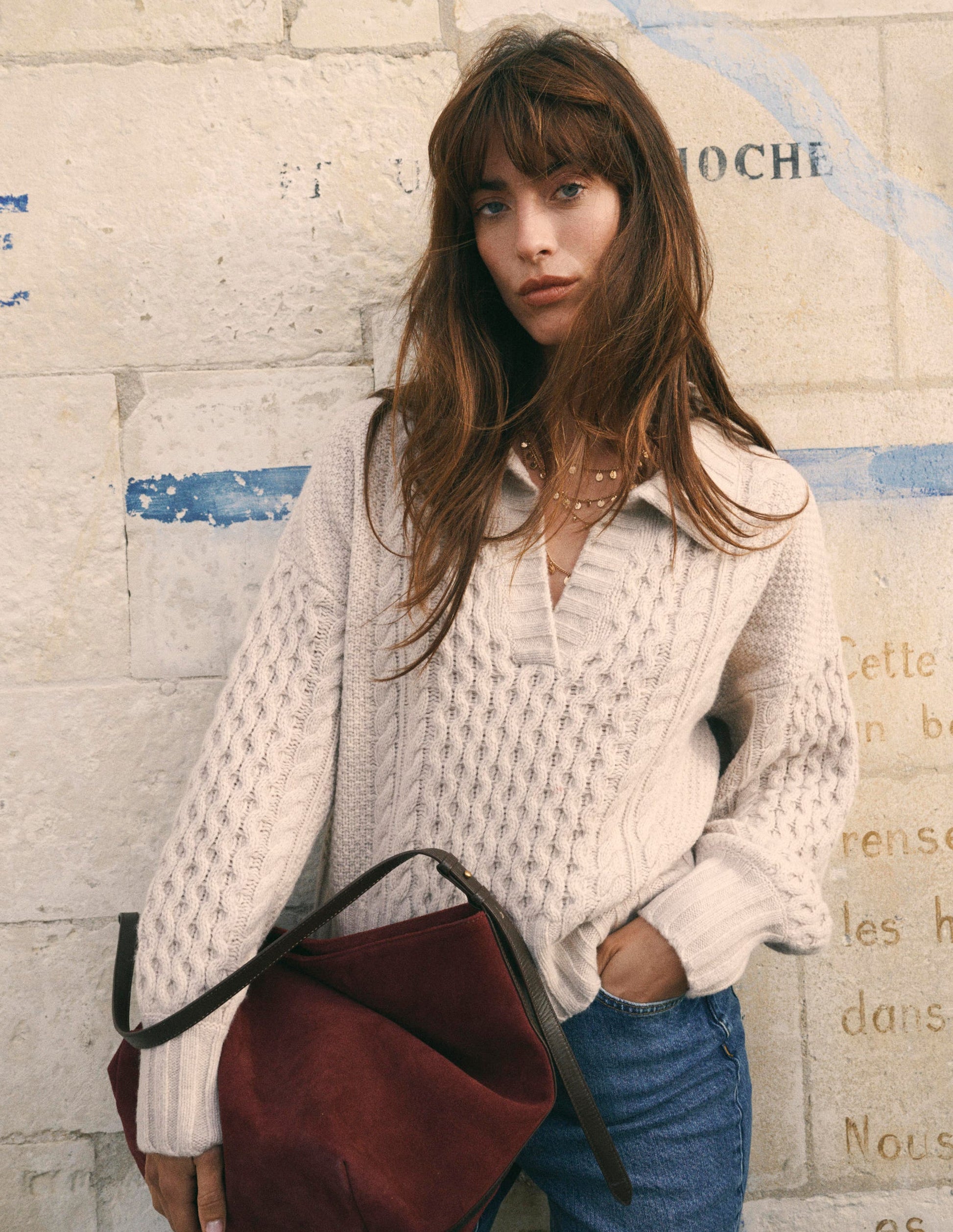 Pullover mit Zopfmuster und Kragen-Beige-1