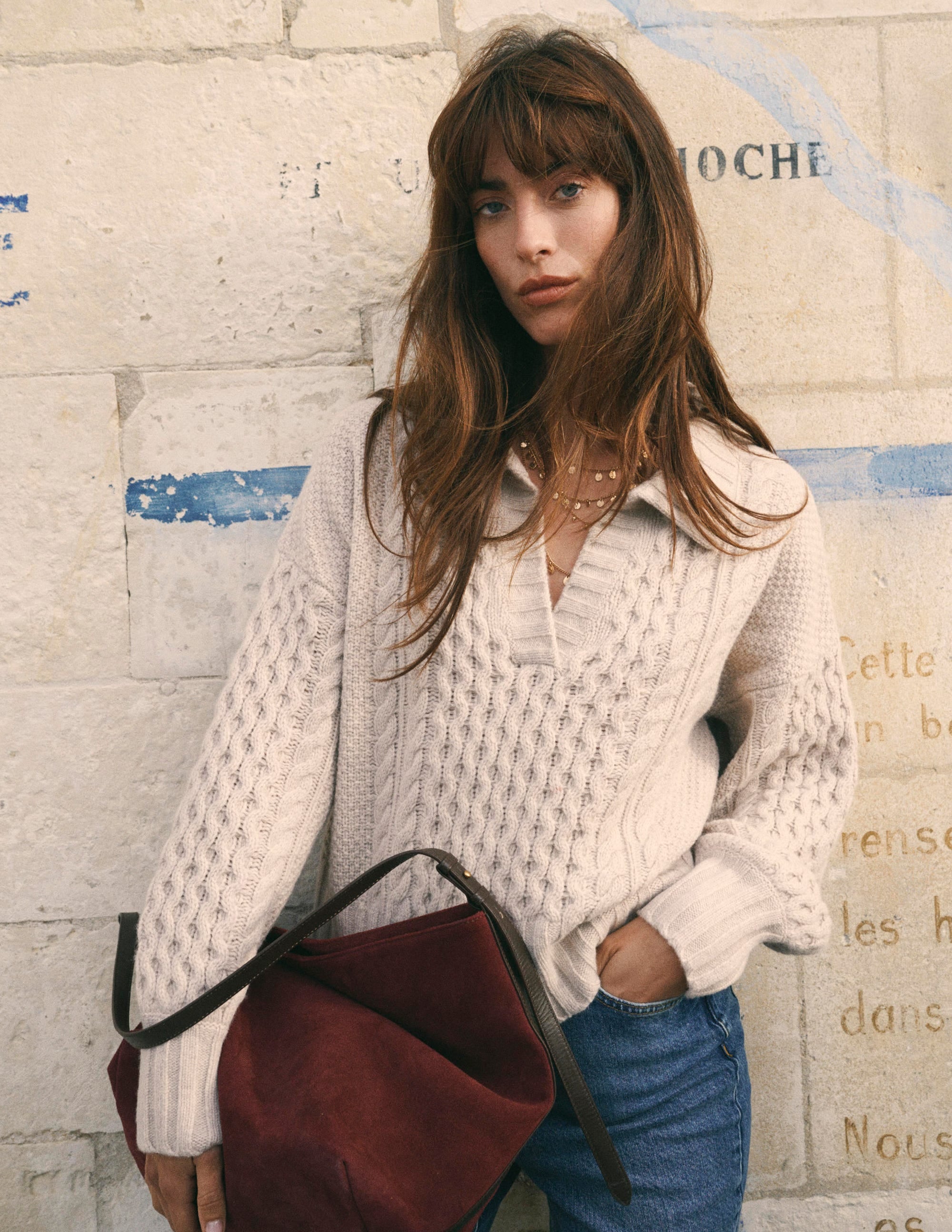 Pullover mit Zopfmuster und Kragen-Beige - Image 1