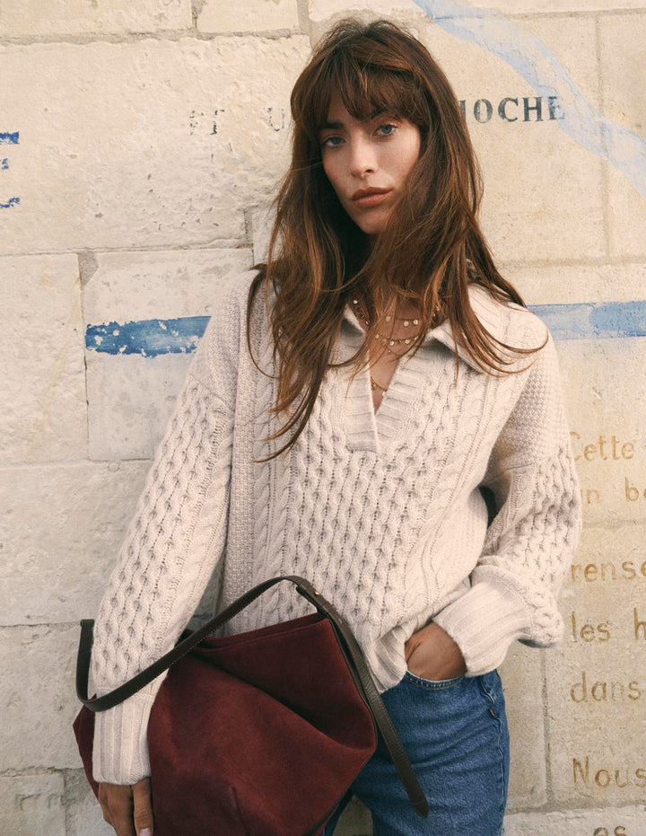 Pullover mit Zopfmuster und Kragen-Beige