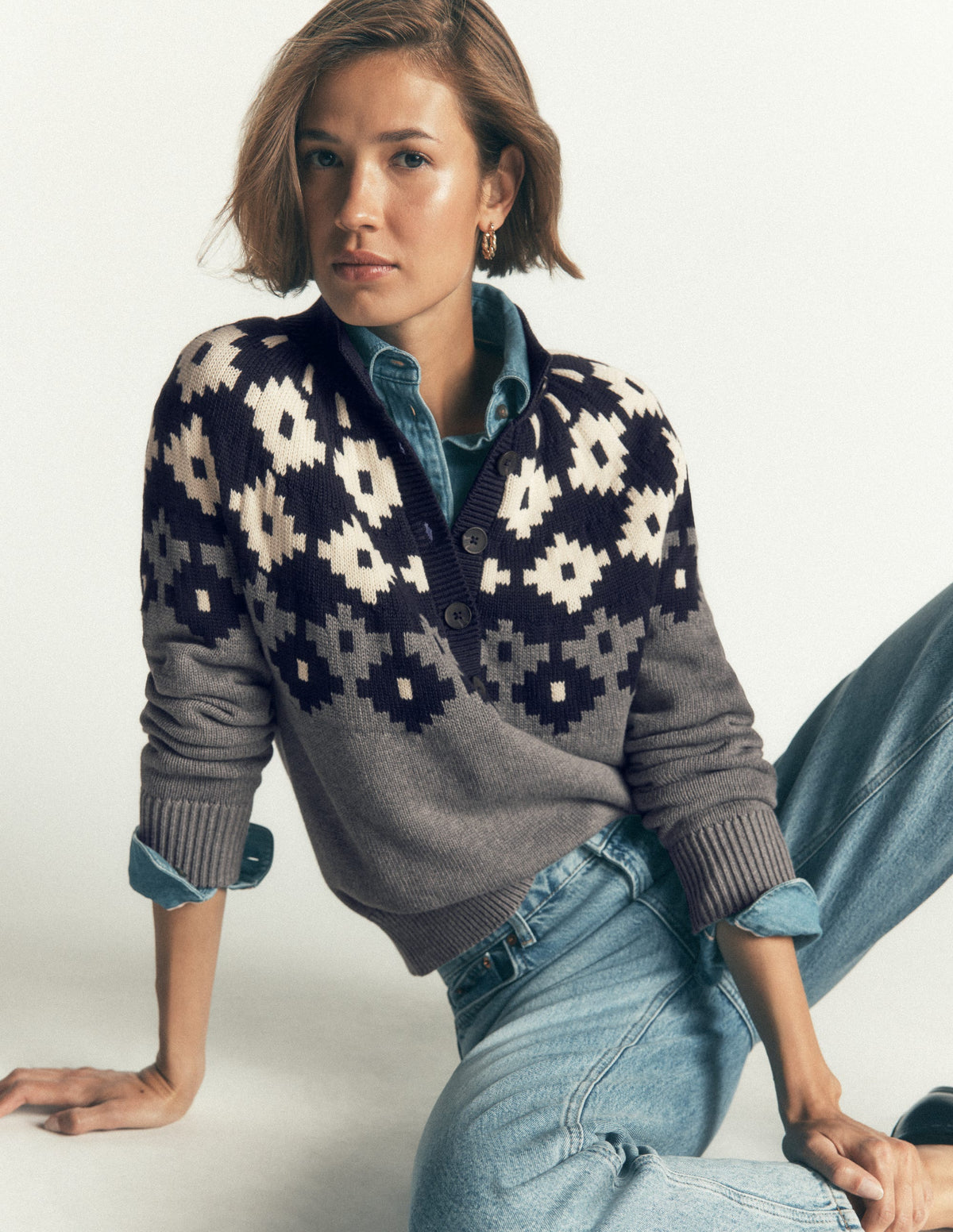 Lara Baumwollpullover mit Knopfleiste-Grau Meliert, Fair-Isle - Image 1