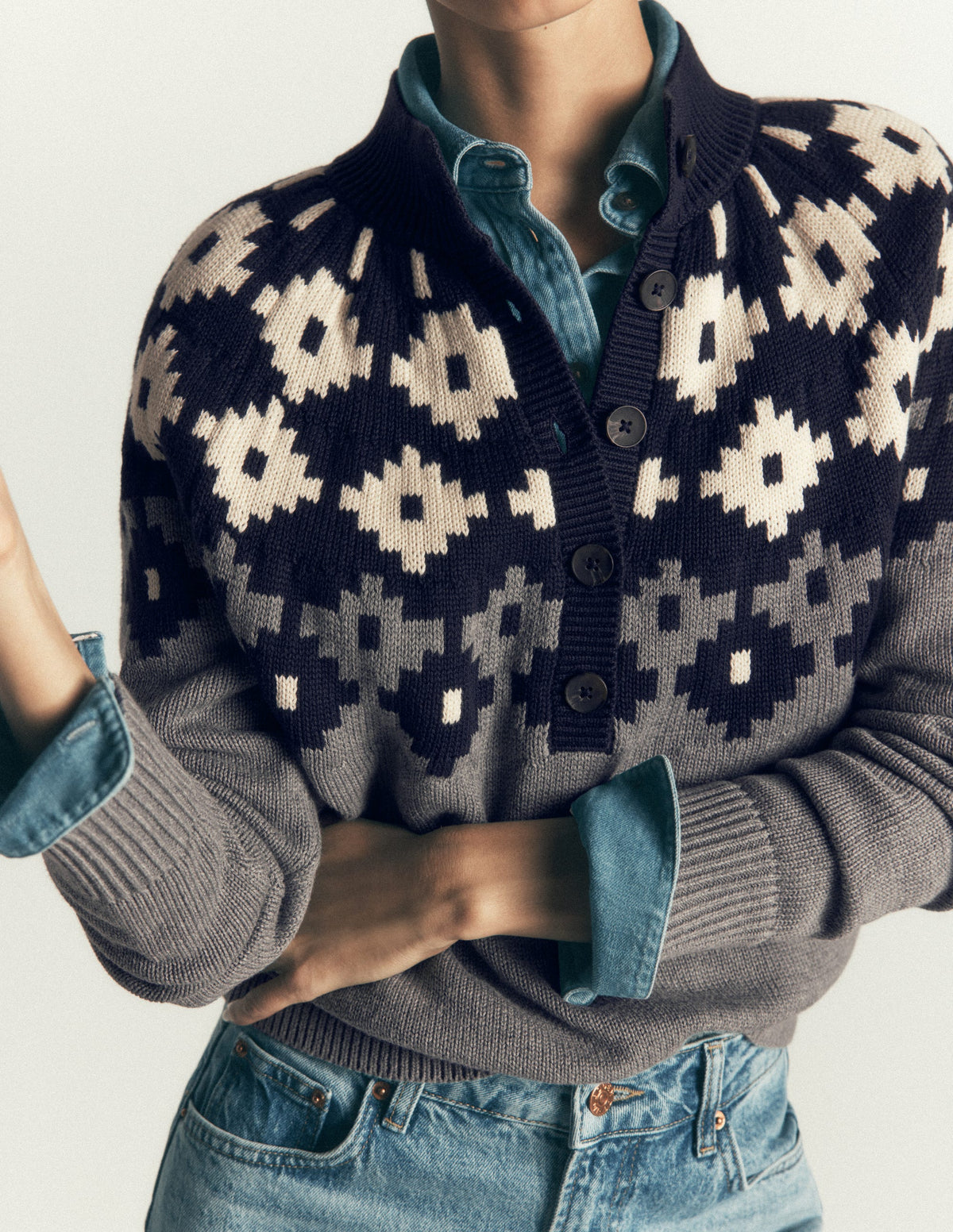 Lara Baumwollpullover mit Knopfleiste-Grau Meliert, Fair-Isle-2