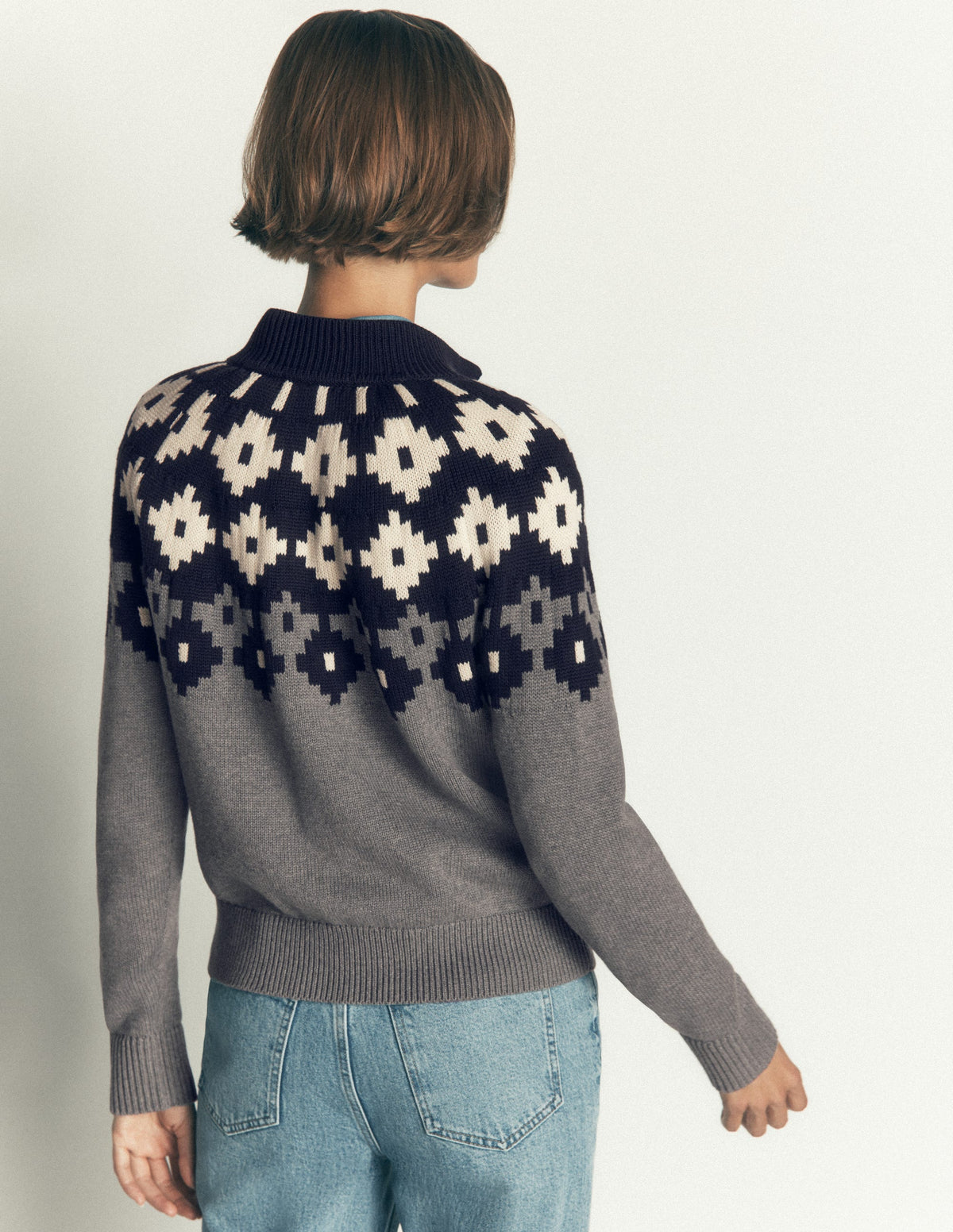 Lara Baumwollpullover mit Knopfleiste-Grau Meliert, Fair-Isle - Image 3
