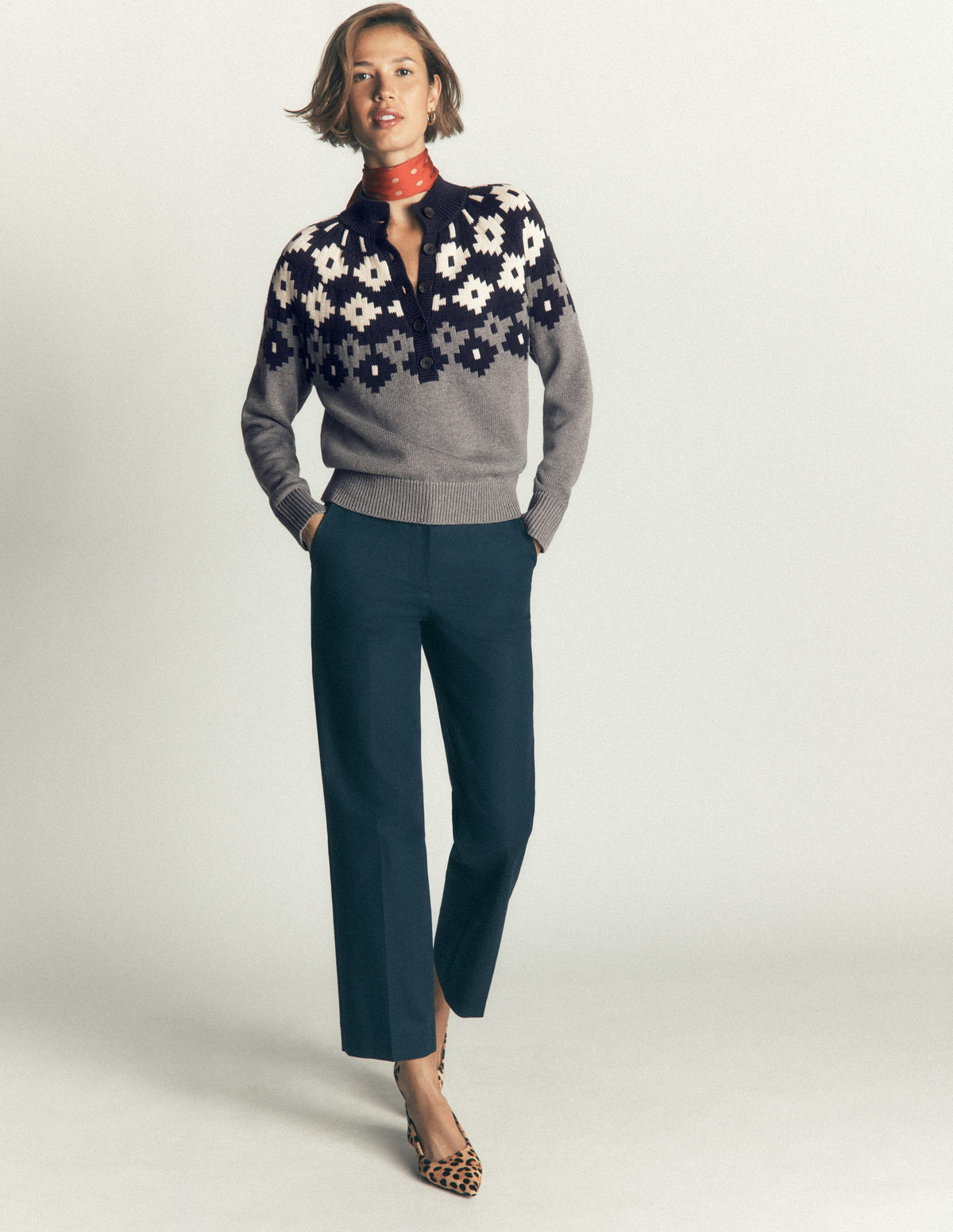 Lara Baumwollpullover mit Knopfleiste-Grau Meliert, Fair-Isle - Image 6