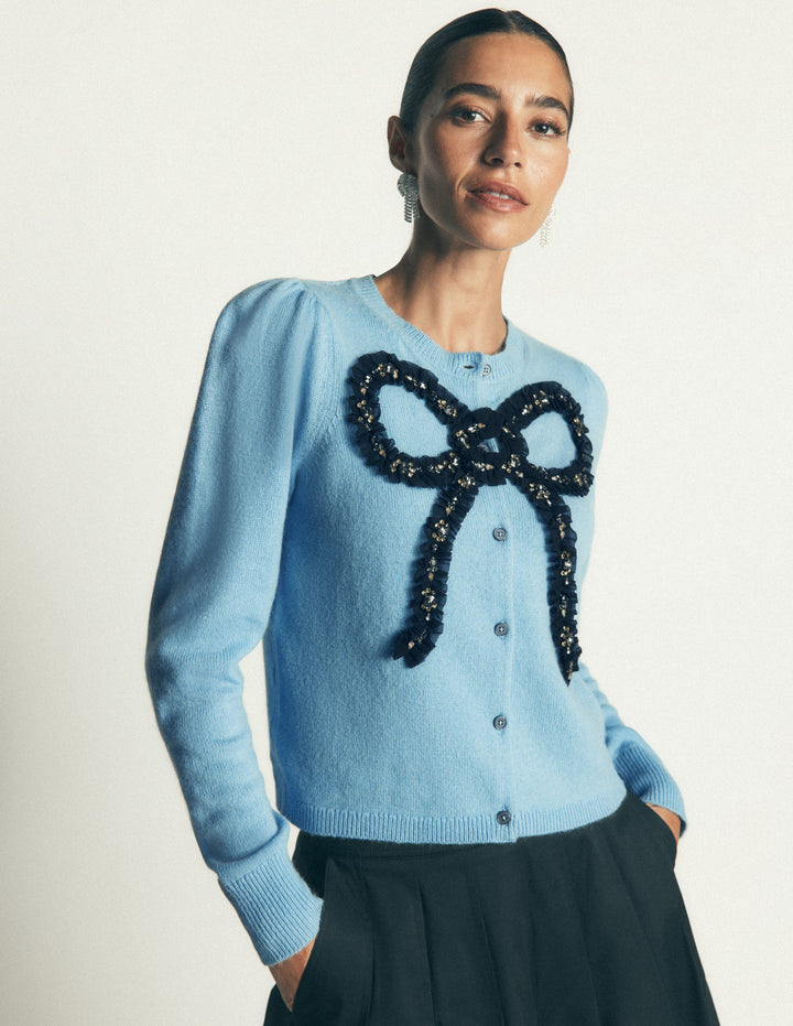Ria Verzierte Strickjacke-Blau, Schleife