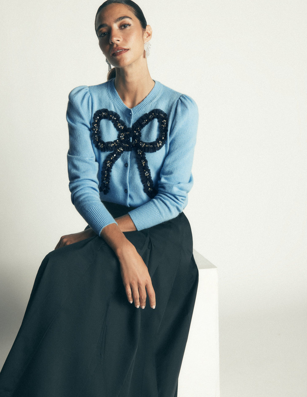 Ria Verzierte Strickjacke-Blau, Schleife-6