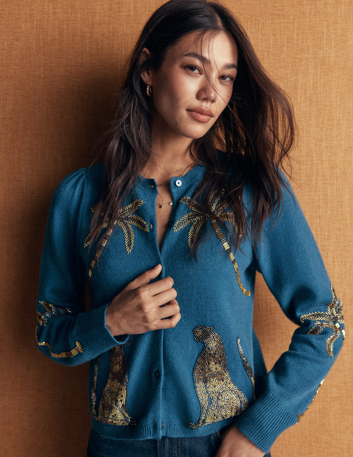 Ria Embellished Knit Cardigan-Blue, Palm
