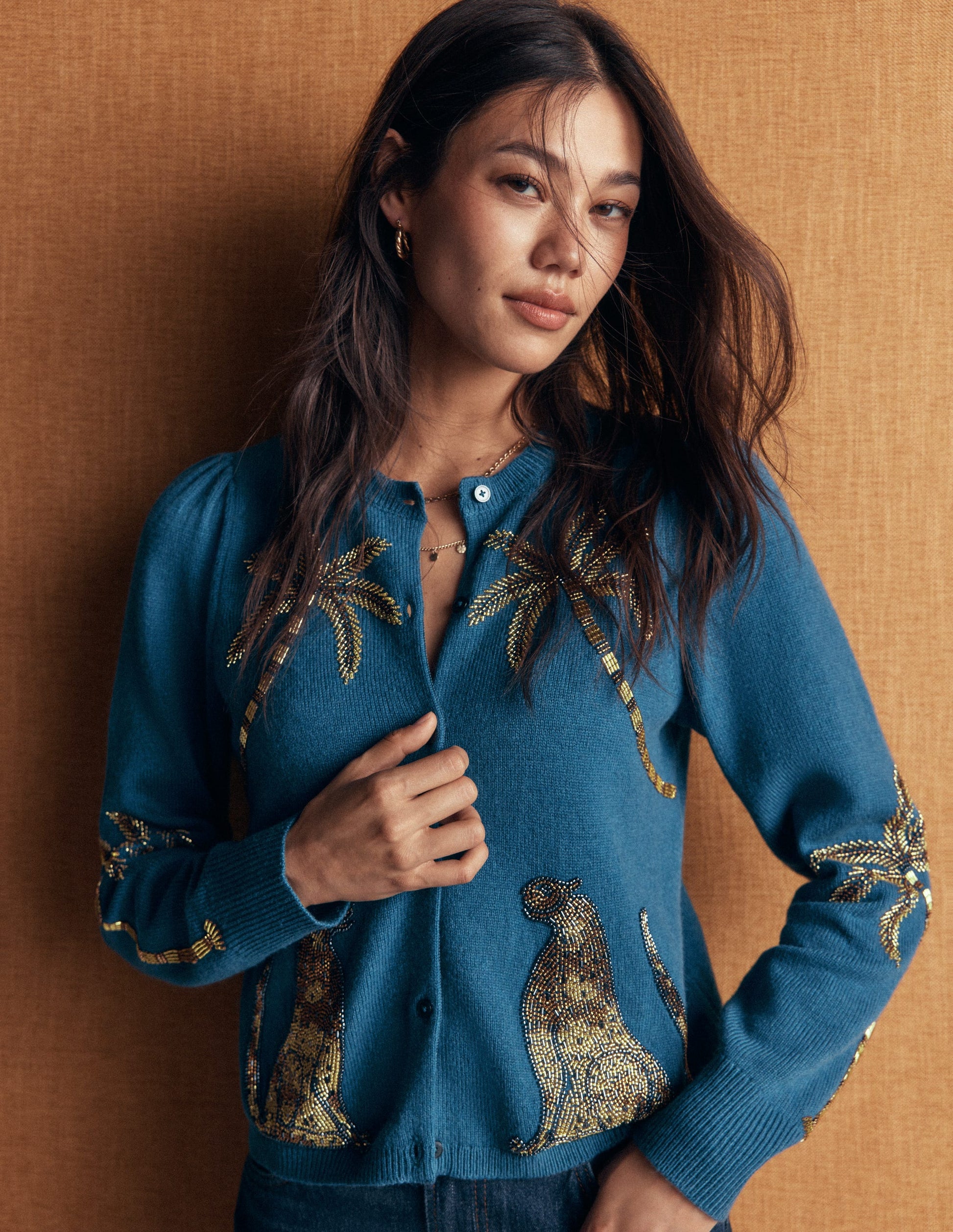 Ria Embellished Knit Cardigan-Blue, Palm-2