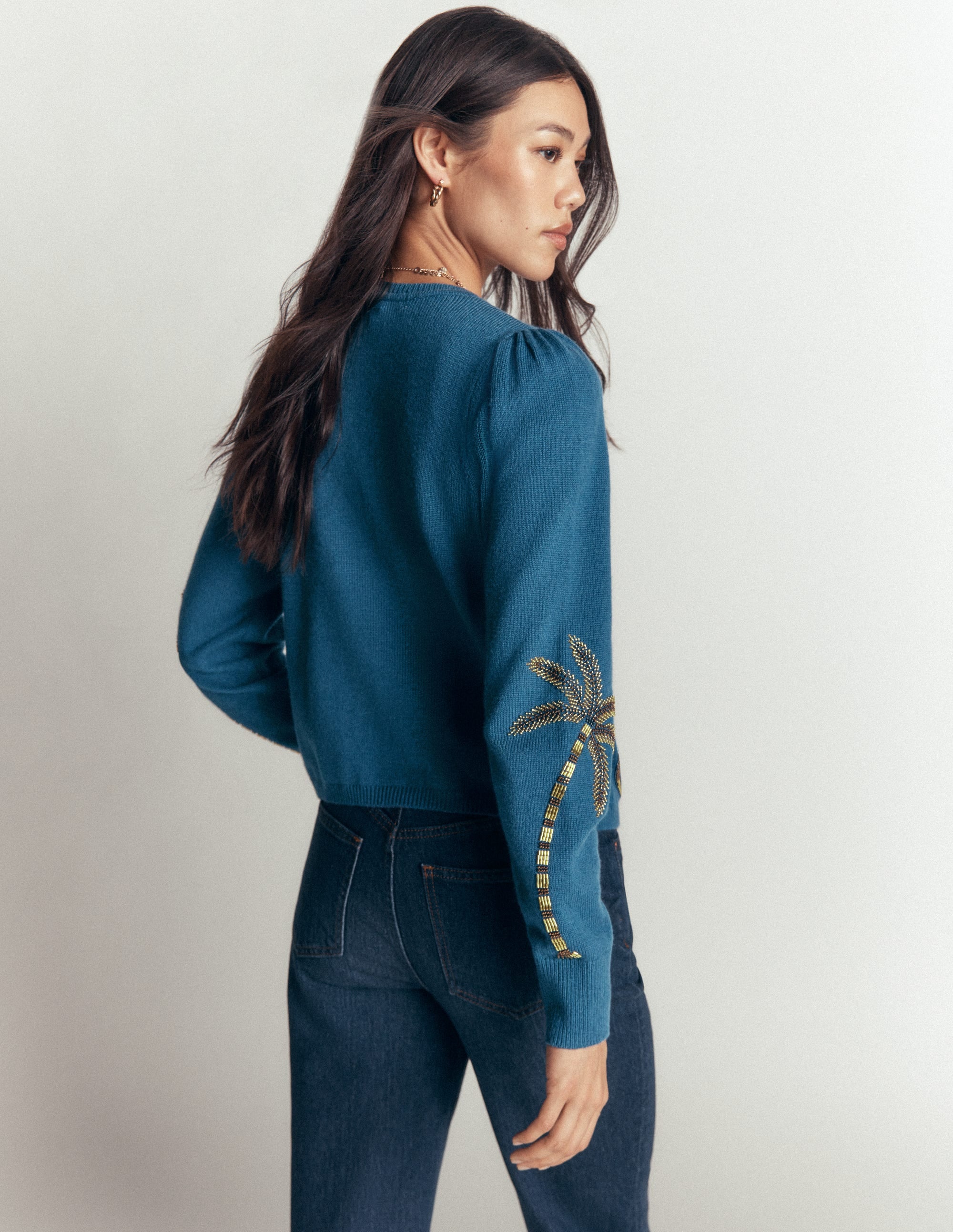 Ria Embellished Knit Cardigan-Blue, Palm - Image 4