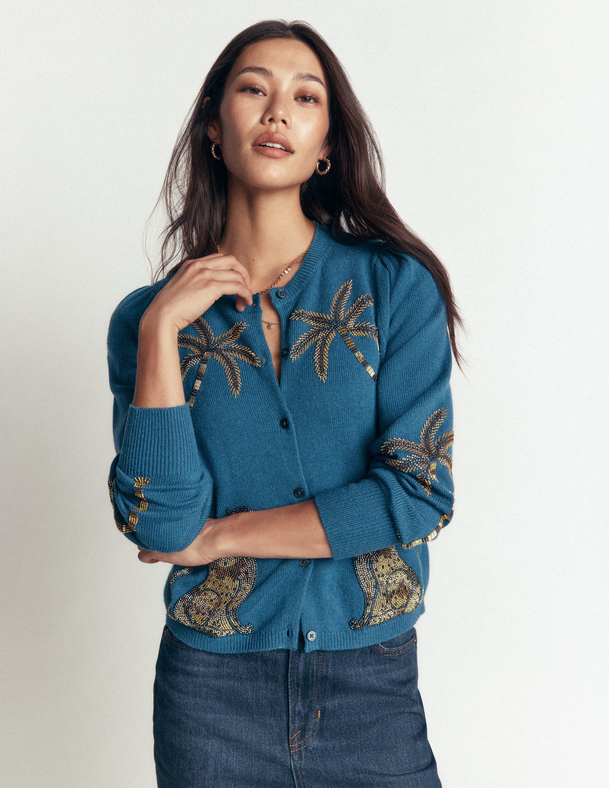 Ria Embellished Knit Cardigan-Blue, Palm-5