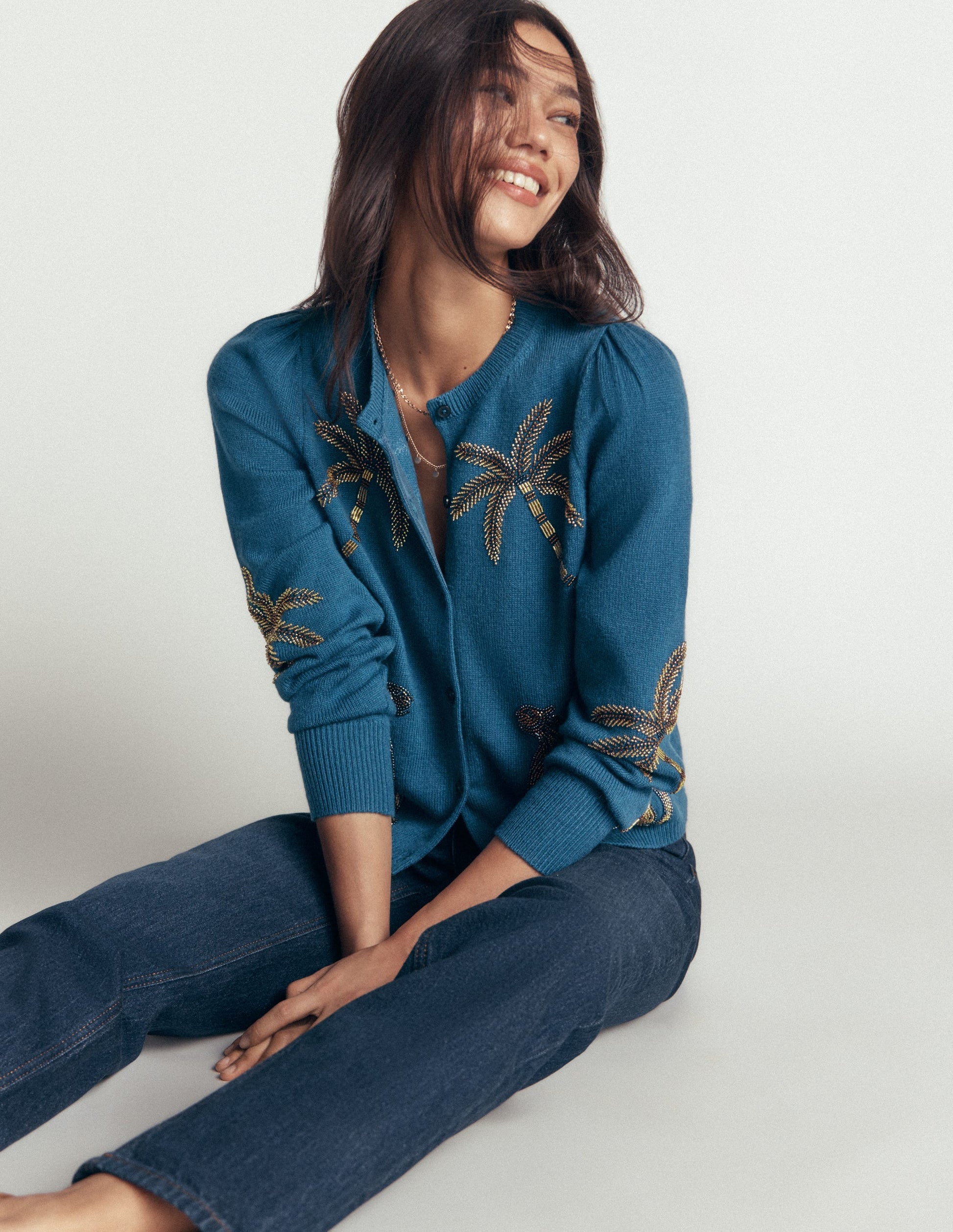 Ria Embellished Knit Cardigan-Blue, Palm-6