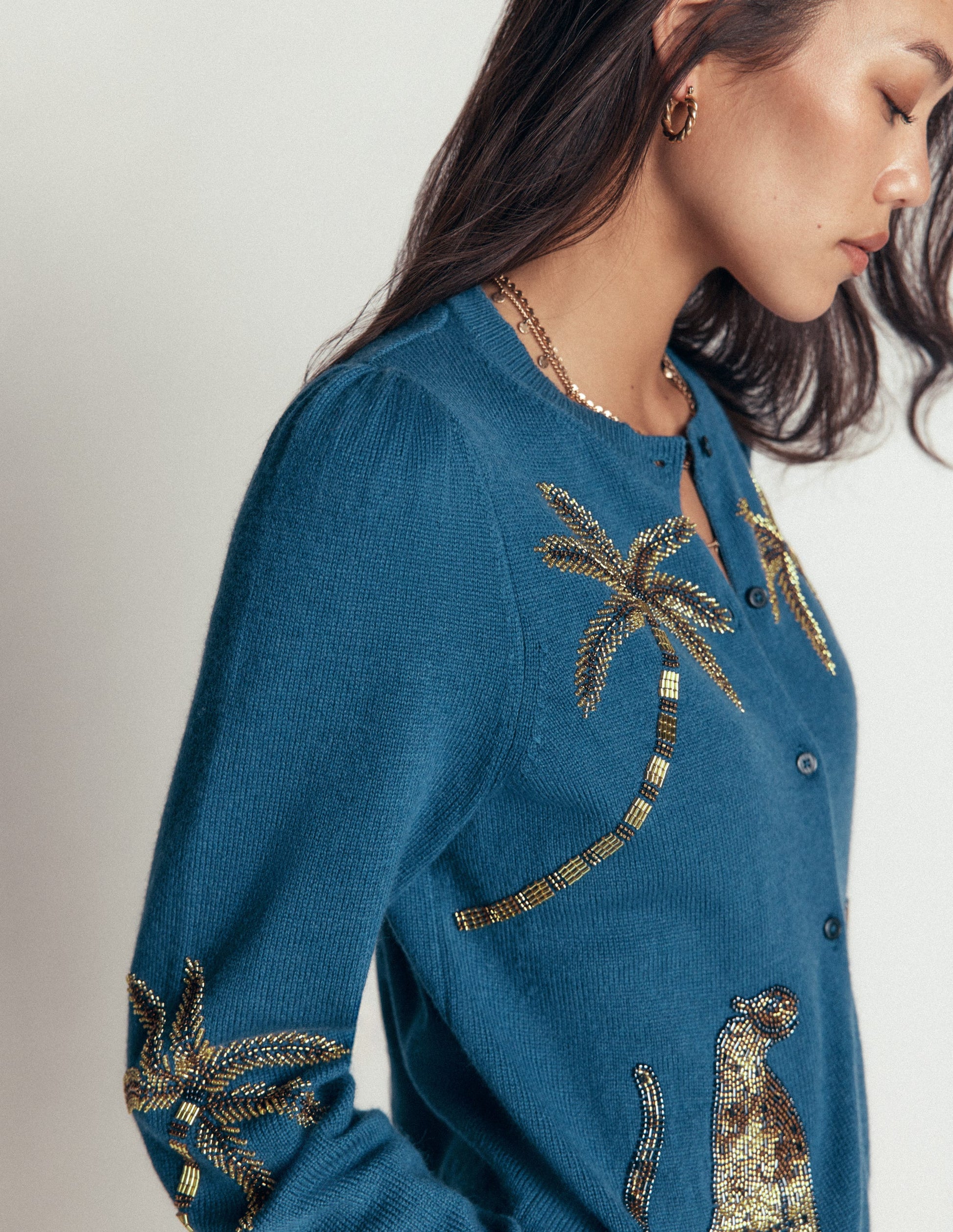 Ria Embellished Knit Cardigan-Blue, Palm-7