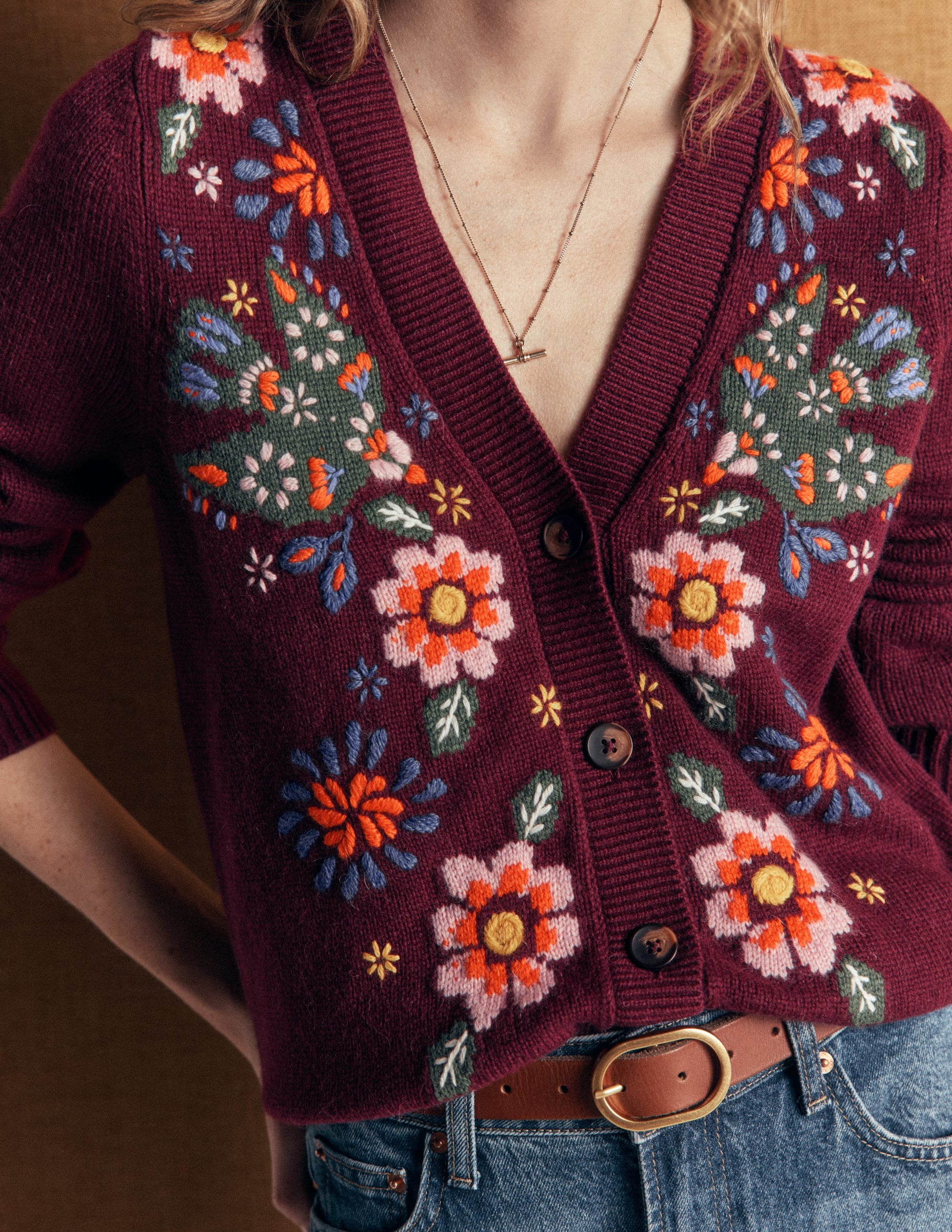 Ella Embroidered Knit Cardigan-Dark Cherry, Embroidery - Image 3