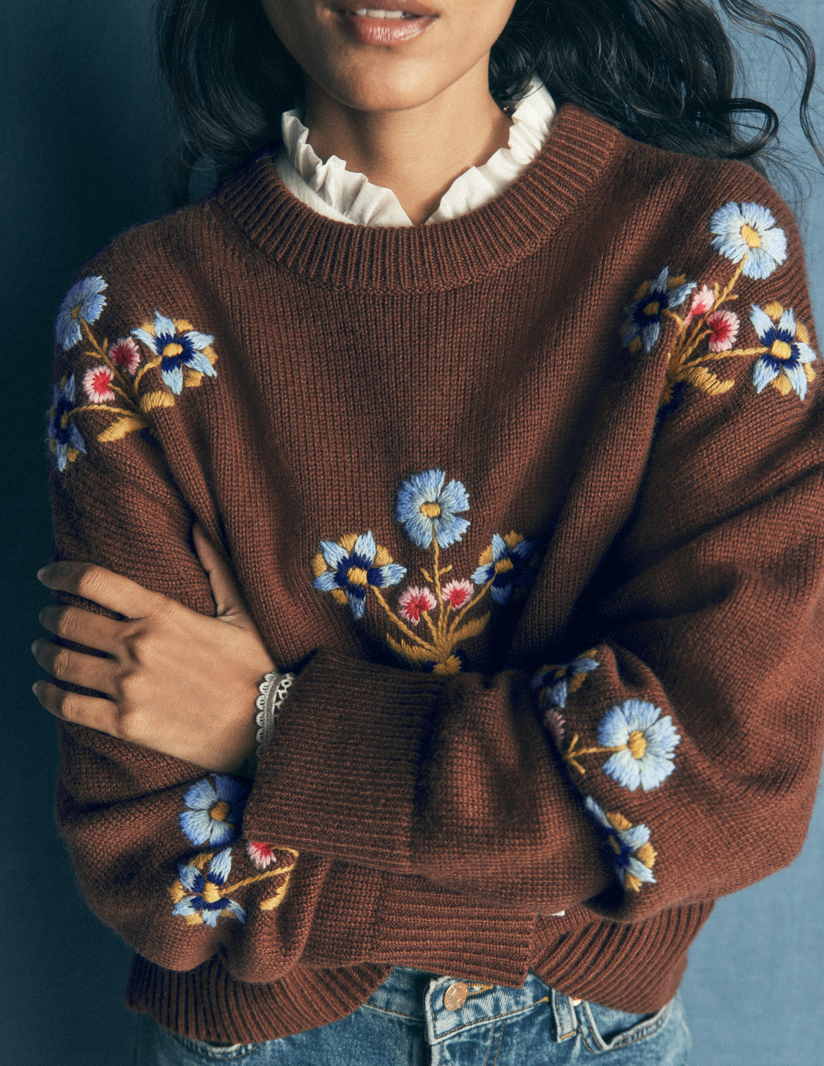 Ella Bestickter Strickpullover-Umbra, Blumenmuster-1