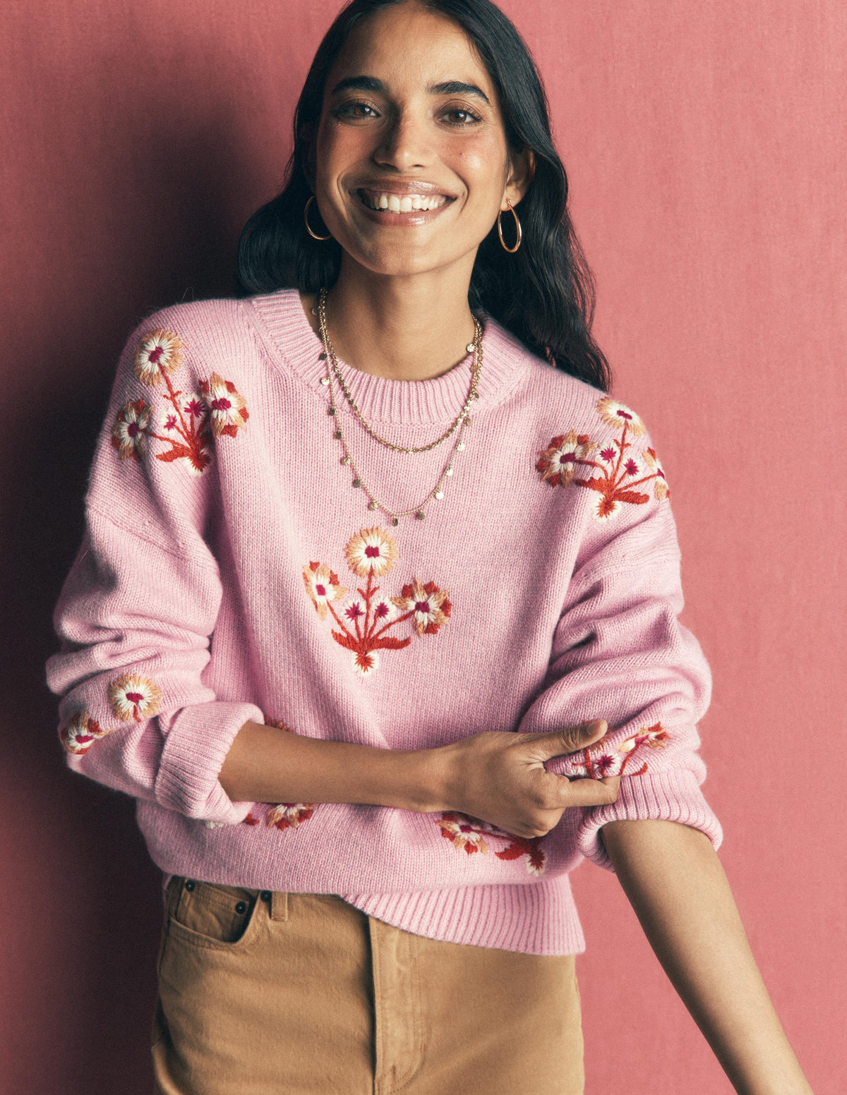 Ella Bestickter Strickpullover-Frühlingsblütenrosa, Blumenmuster - Image 1