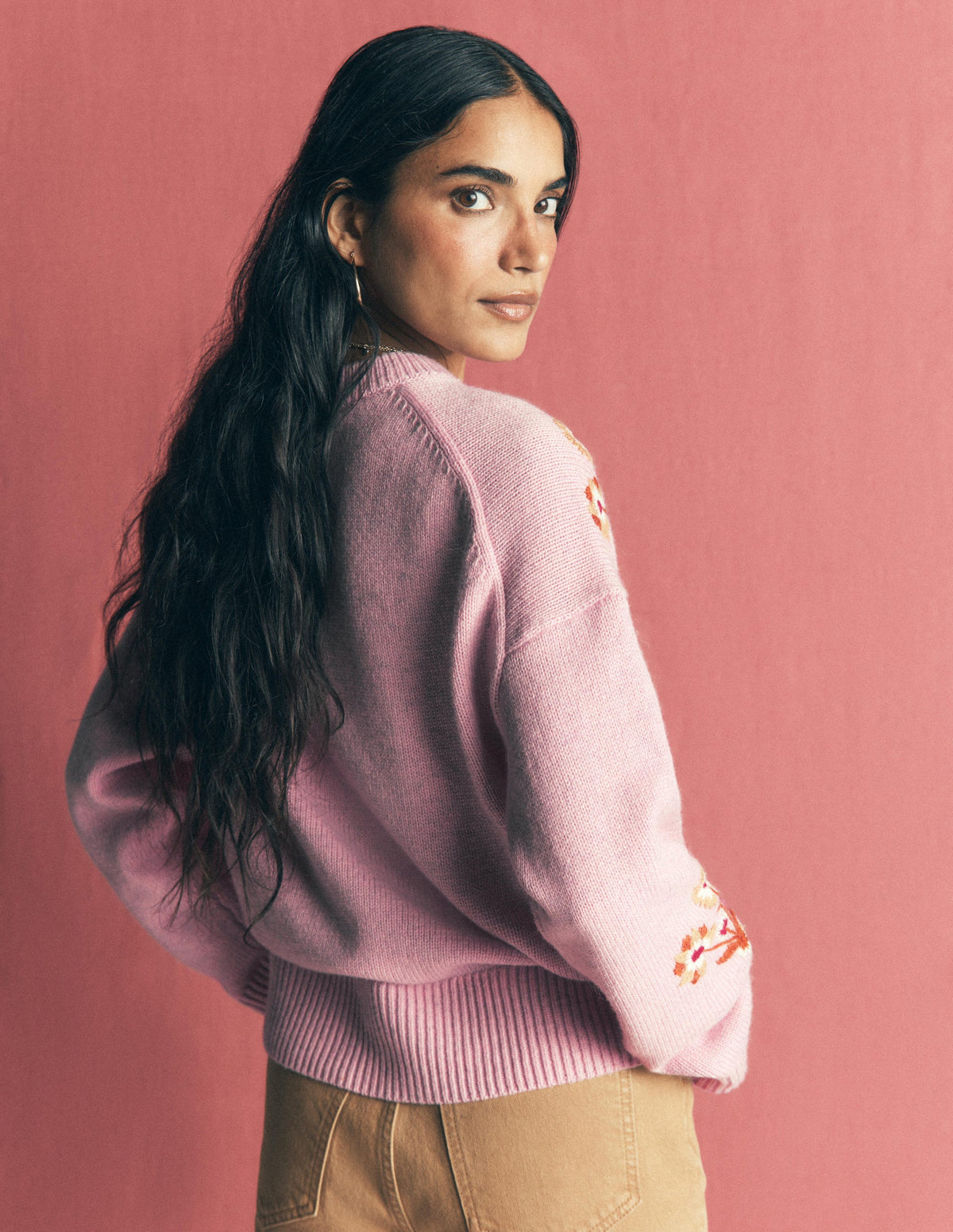 Ella Bestickter Strickpullover-Frühlingsblütenrosa, Blumenmuster-3