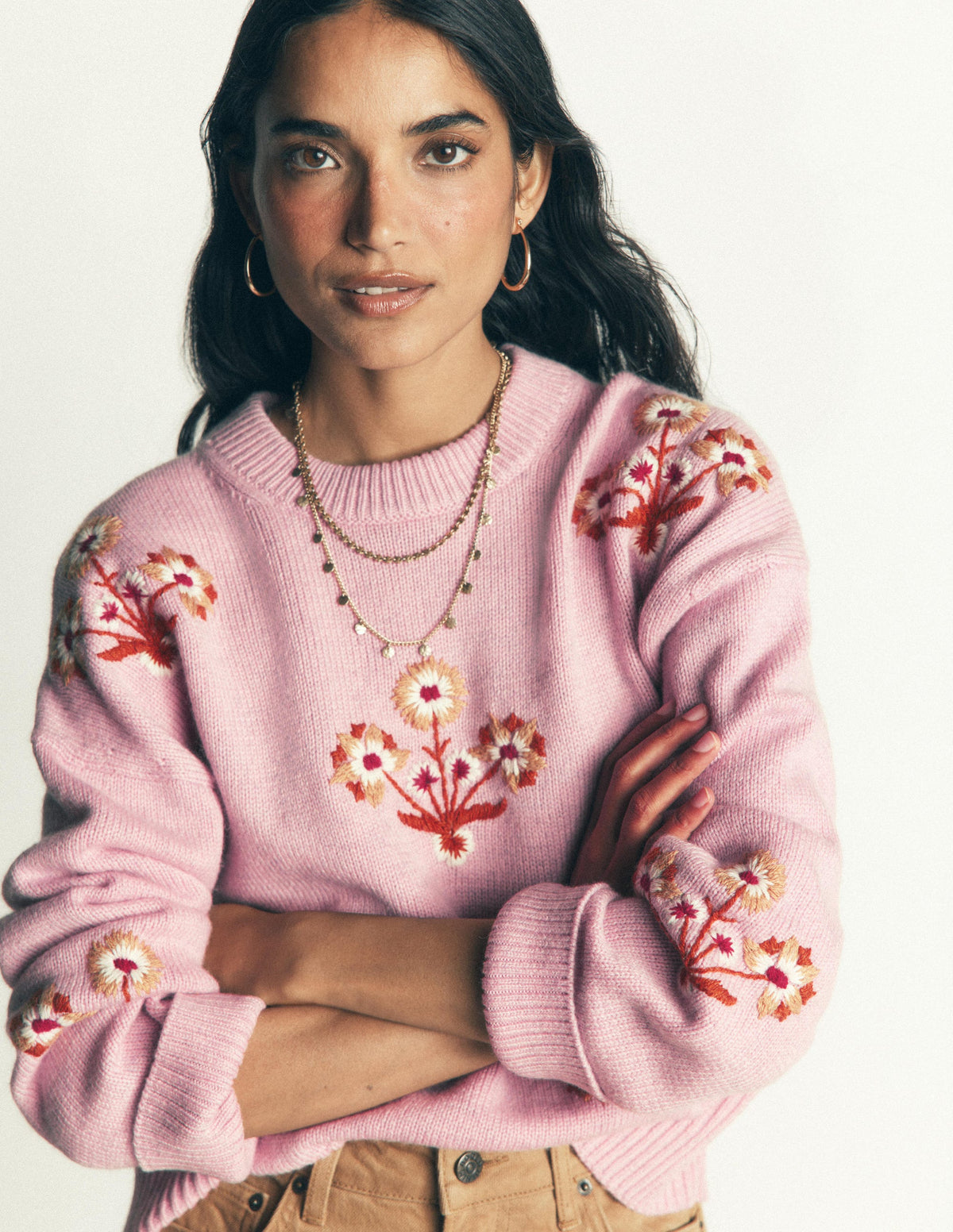Ella Bestickter Strickpullover-Frühlingsblütenrosa, Blumenmuster-4