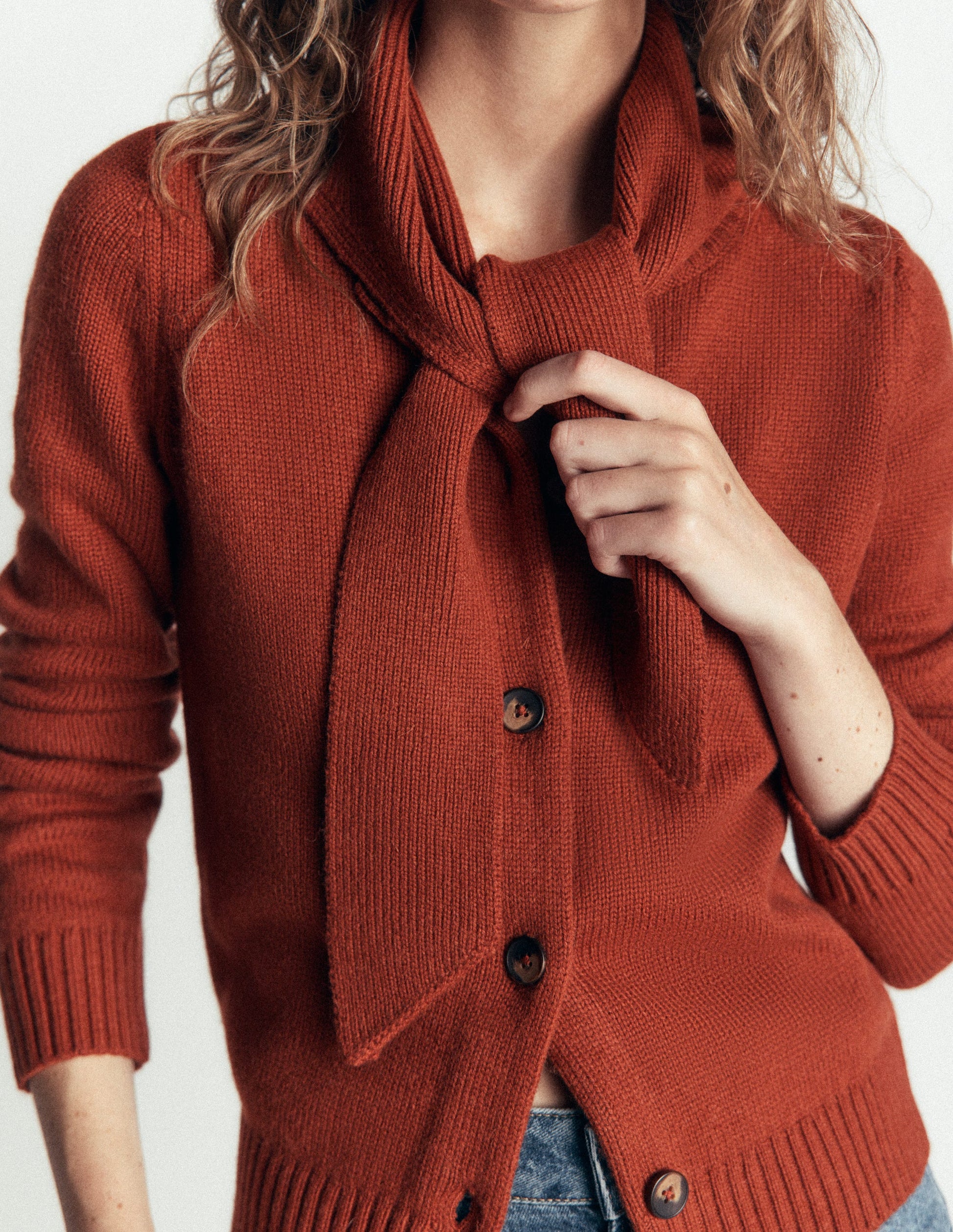 Lydia Tie Neck Knit Cardigan-Burnt Henna-2