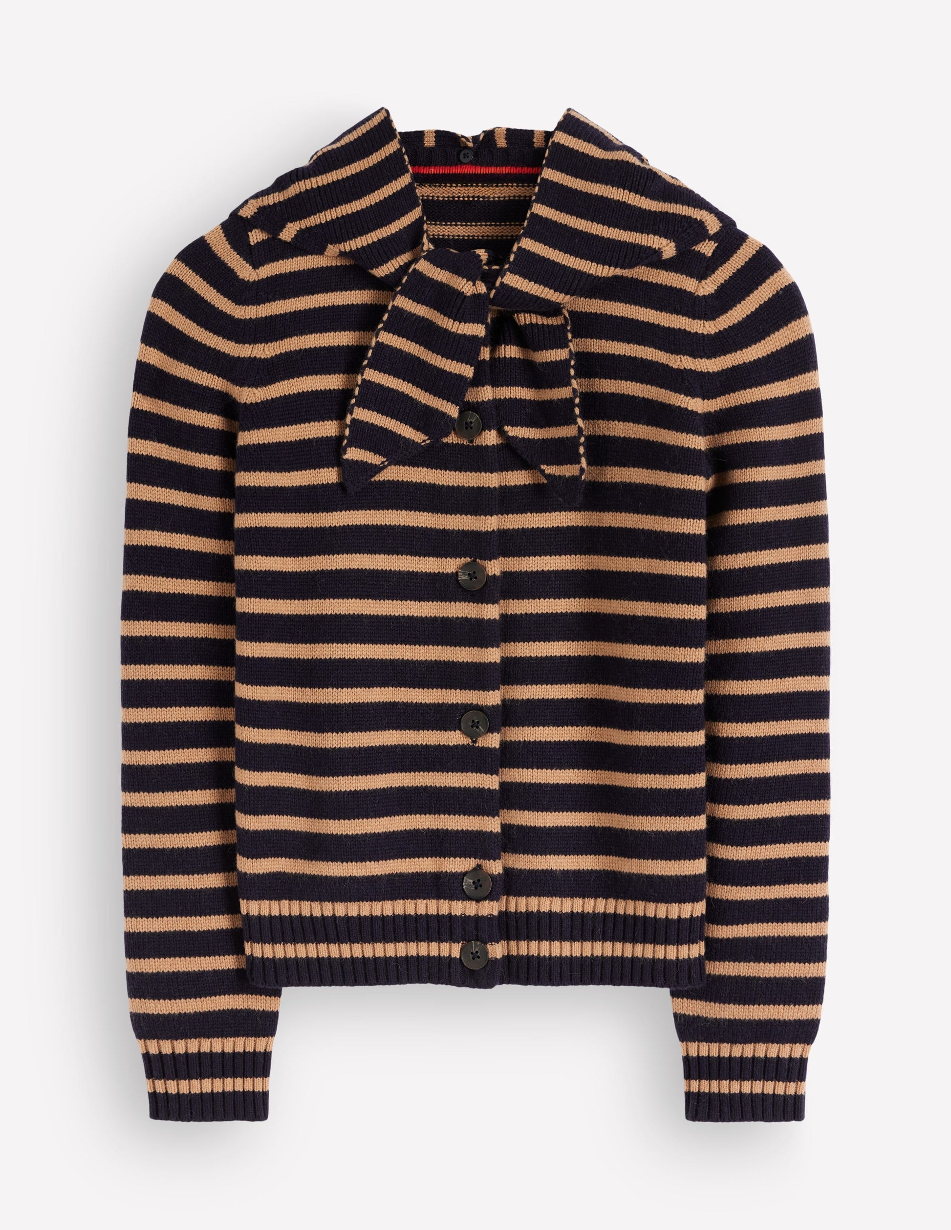 Lydia Tie Neck Knit Cardigan-Camel Melange, Navy Stripe-5