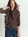 Lydia Tie Neck Knit Cardigan-Camel Melange, Navy Stripe