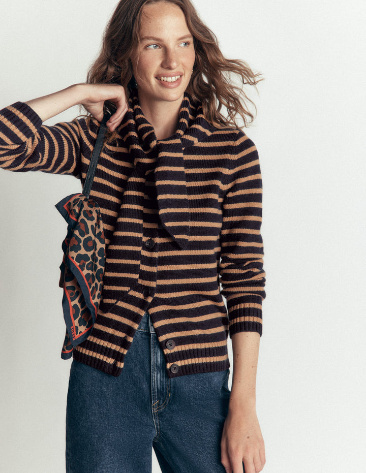 Lydia Tie Neck Knit Cardigan-Camel Melange, Navy Stripe