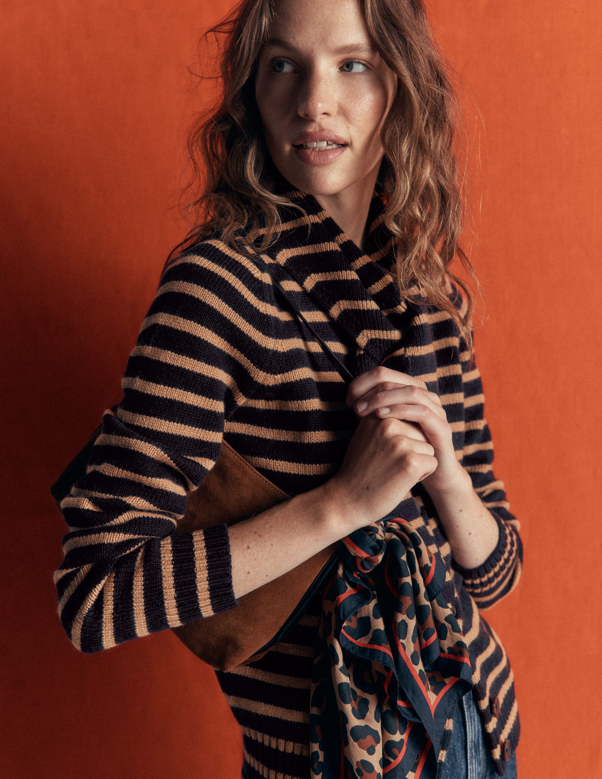 Lydia Tie Neck Knit Cardigan-Camel Melange, Navy Stripe-2