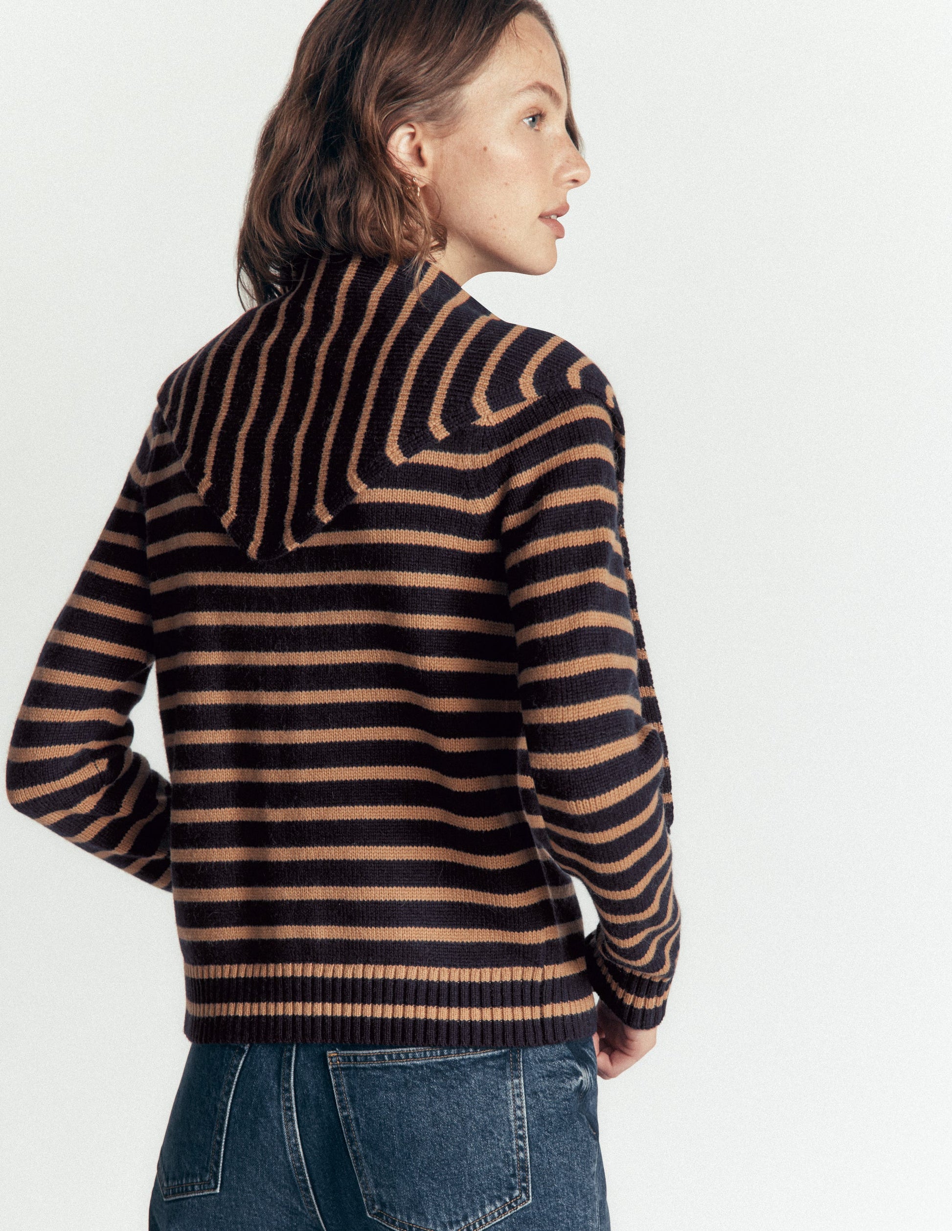 Lydia Tie Neck Knit Cardigan-Camel Melange, Navy Stripe-3