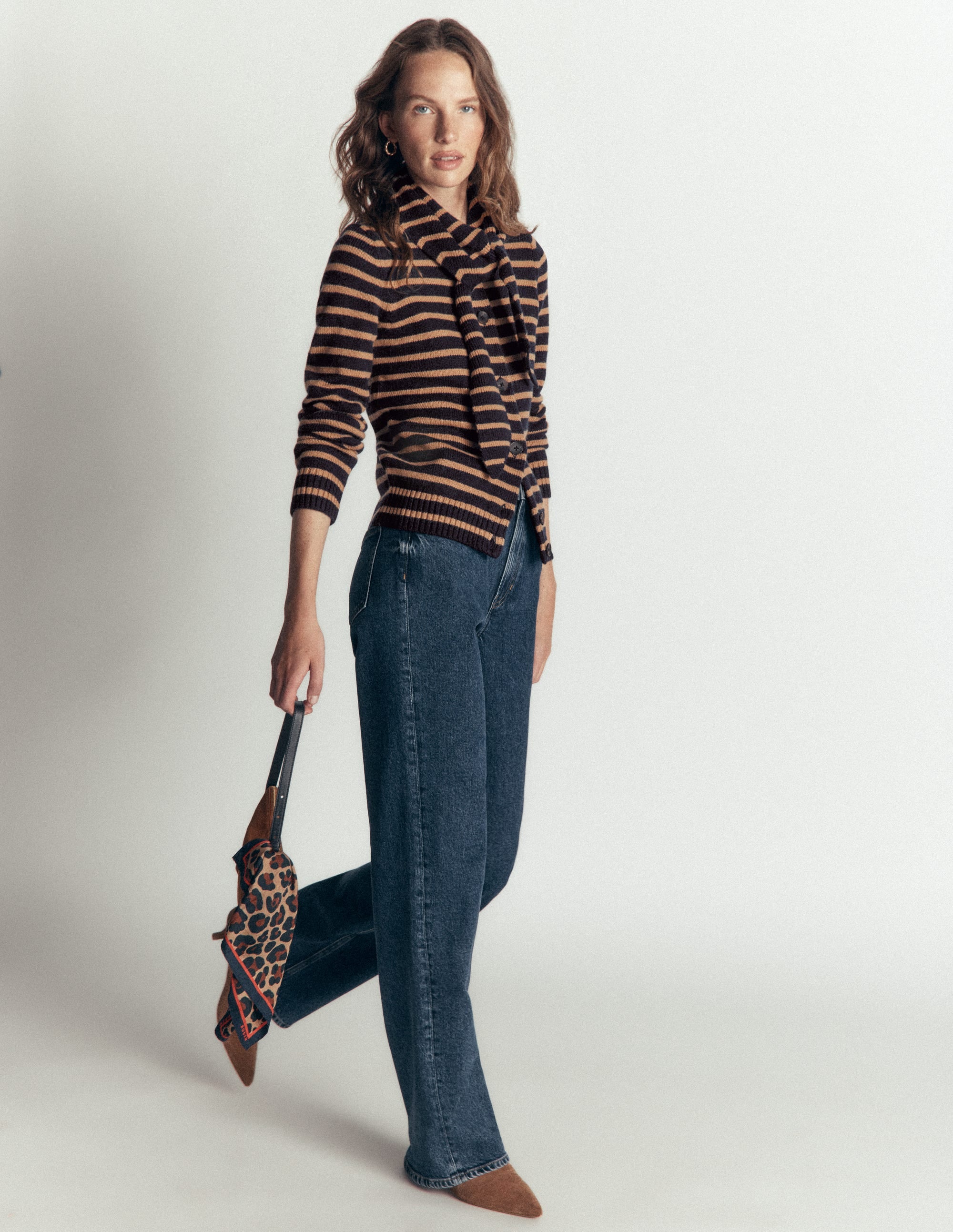 Lydia Tie Neck Knit Cardigan-Camel Melange, Navy Stripe - Image 4