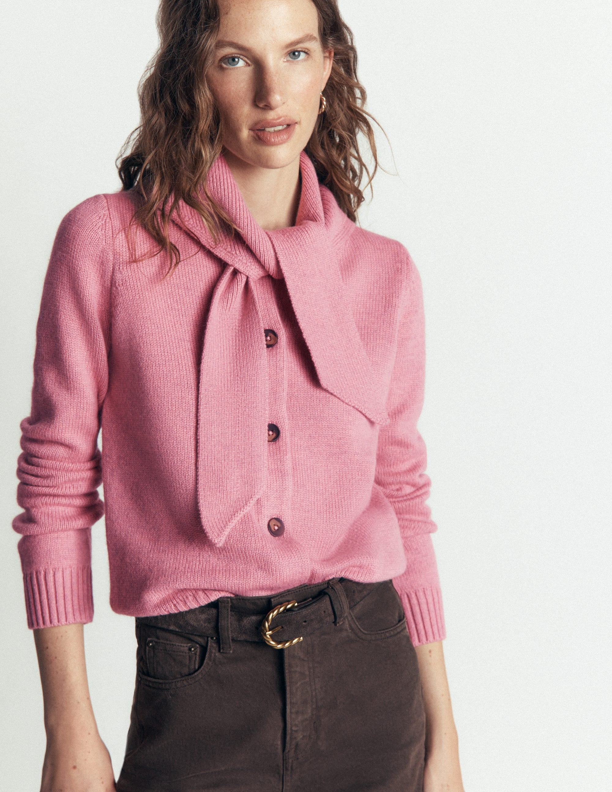Lydia Tie Neck Knit Cardigan-Heather Rose Melange - Image 5