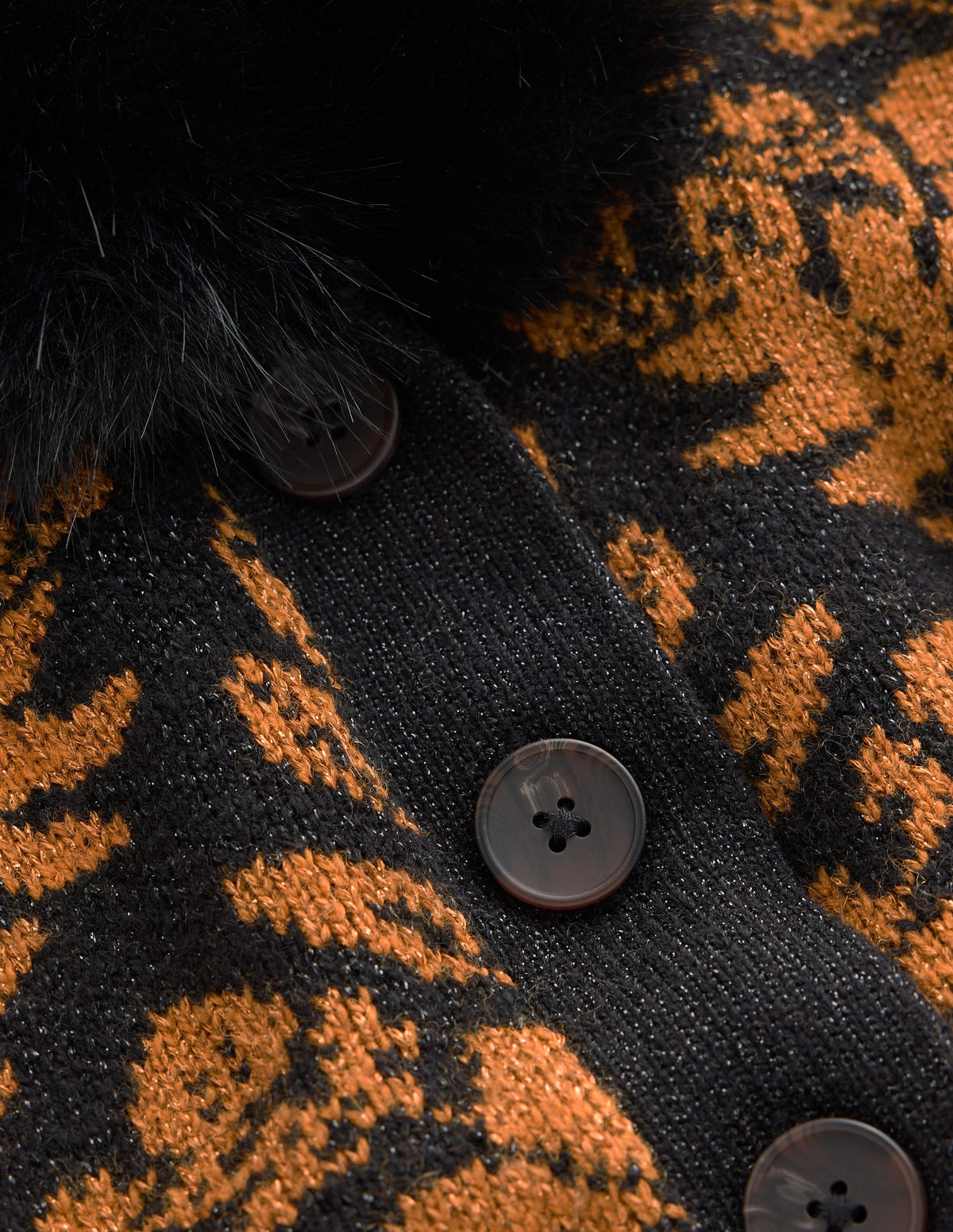 Belted Wrap Knitted Cardigan-Metallic Black Gold Jacquard-7